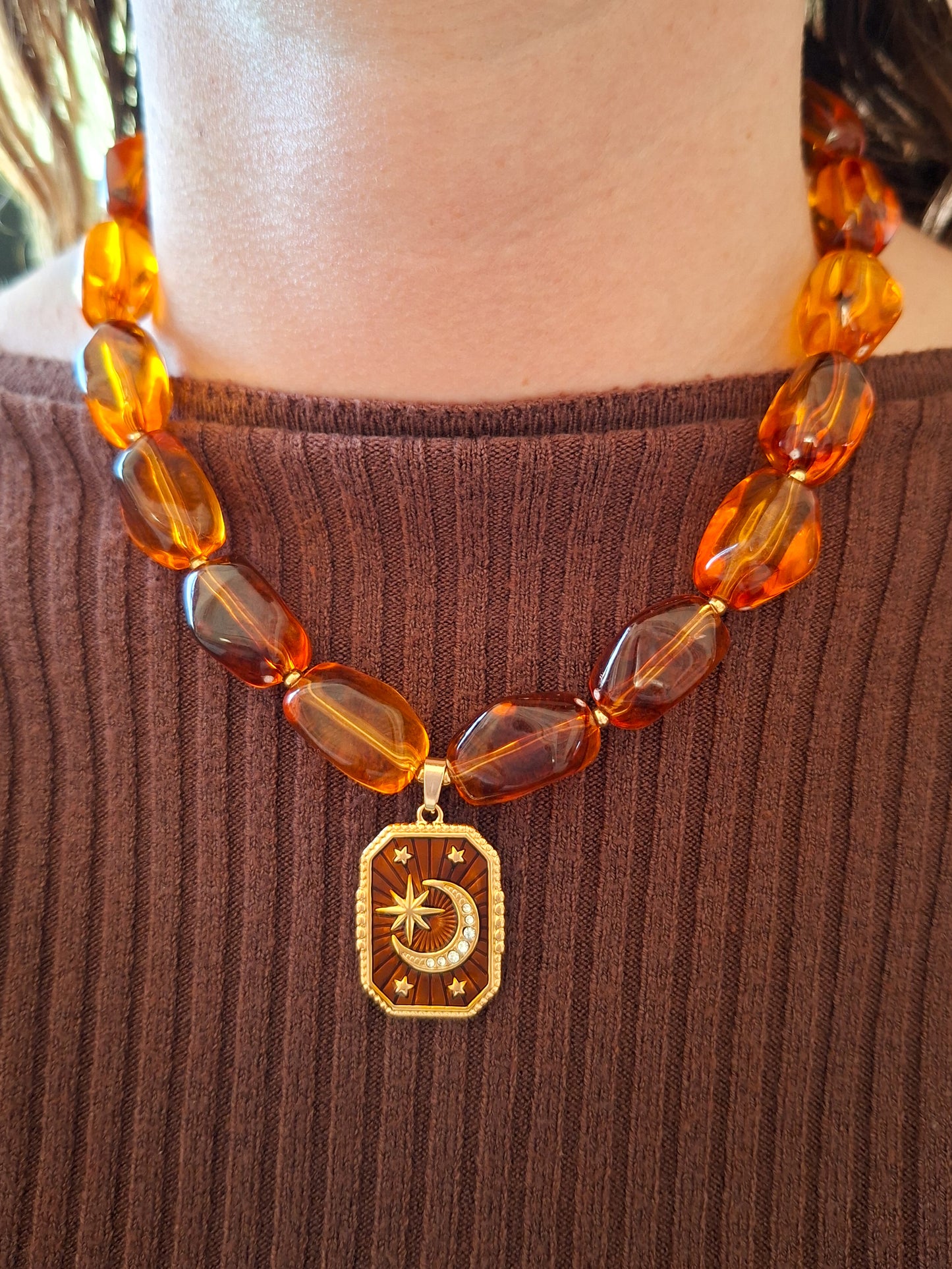 Vintage moon amber beads & charm necklace