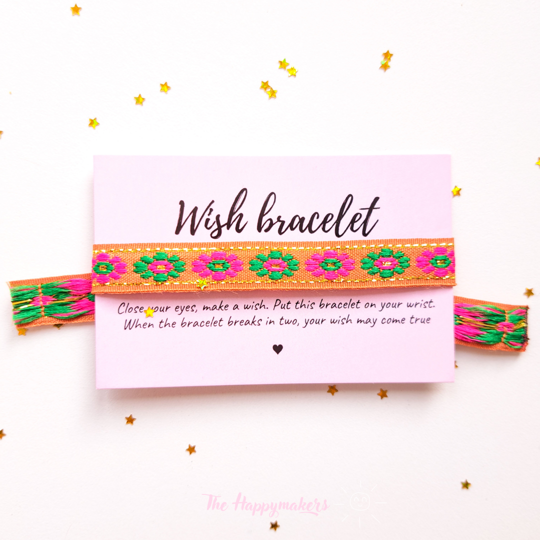 Wensarmband lint, bloemen, bohemian, bruin