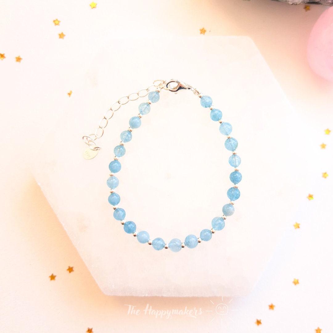 Kralen armband boho 925 sterling zilver, handgemaakt, 100% waterproof, aquamarijn edelsteen, geruststelling