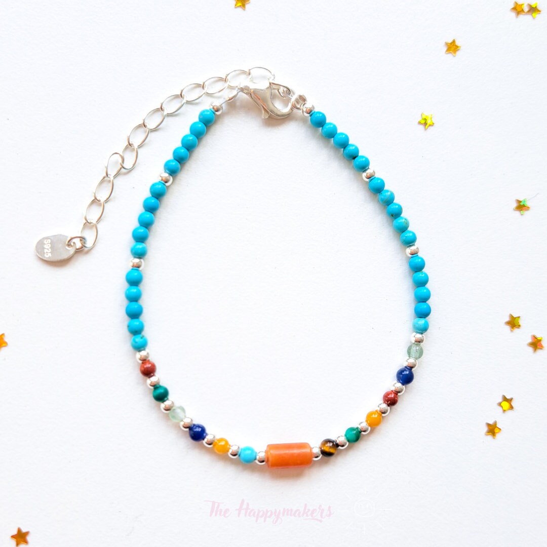 Kralen armband boho 925 sterling zilver, handgemaakt, 100% waterproof, turkoois, bescherming