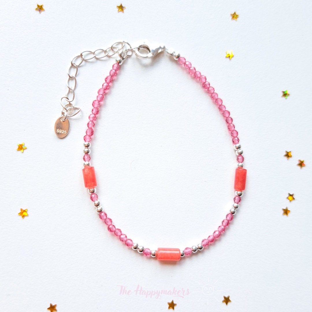 Kralen armband boho 925 sterling zilver, handgemaakt, 100% waterproof ''pink zirkoon''