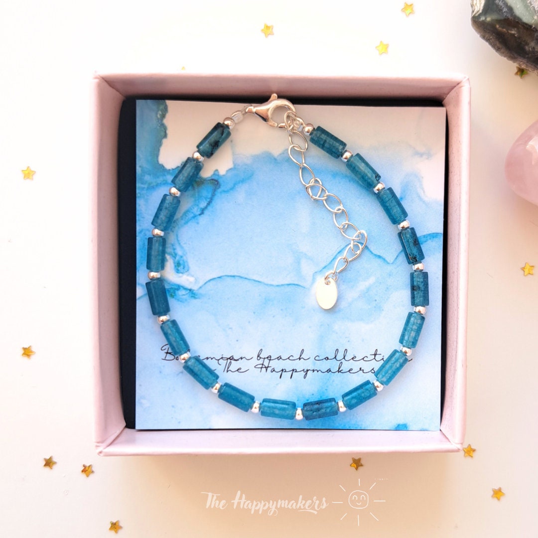 Kralen armband boho 925 sterling zilver, handgemaakt, 100% waterproof, natuursteen, blauw