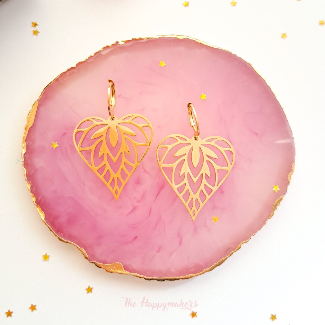 Oorbellen stainless steel, boho, bedeloorbellen, statement oorbellen ''flower hearts'' goud of zilver