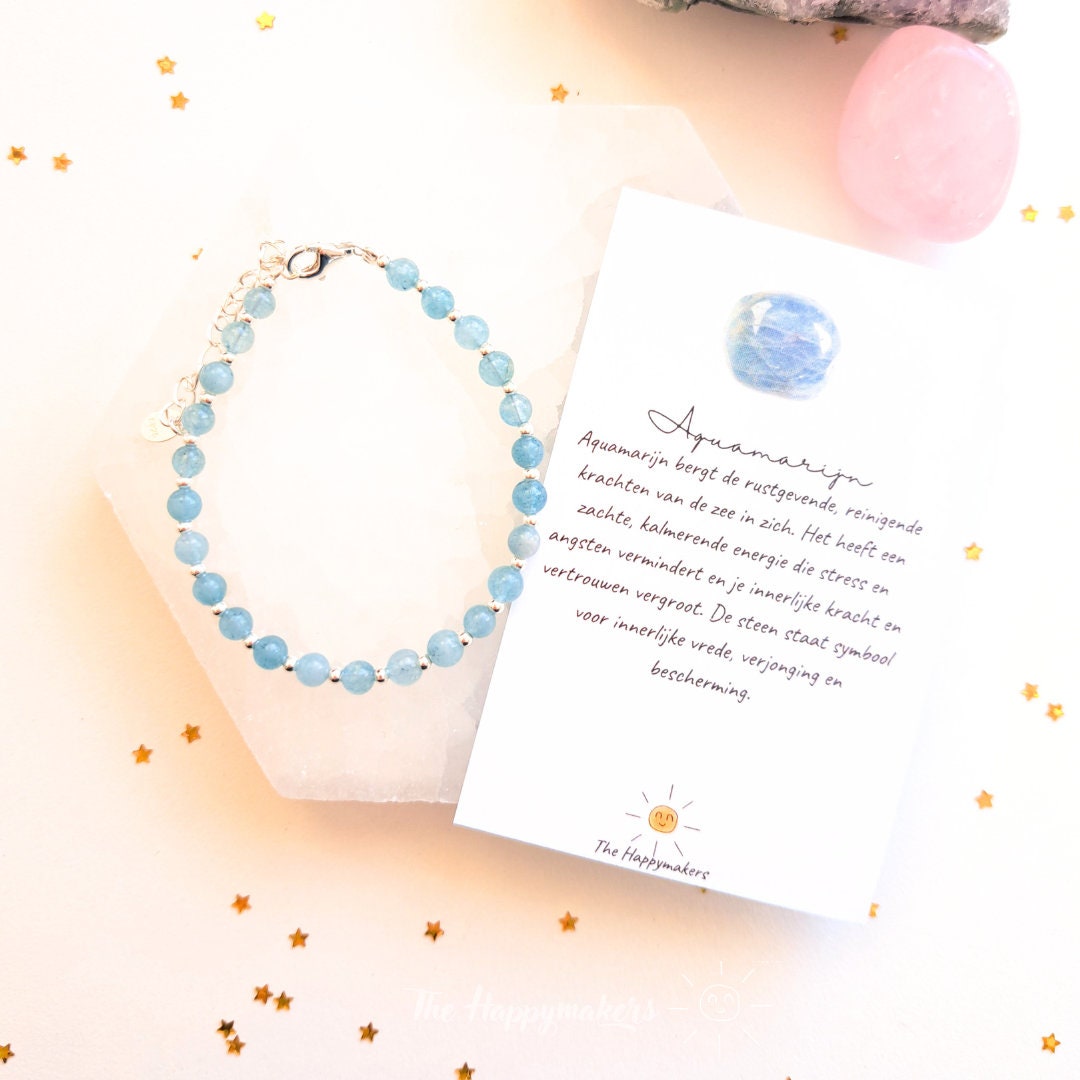 Kralen armband boho 925 sterling zilver, handgemaakt, 100% waterproof, aquamarijn edelsteen, geruststelling