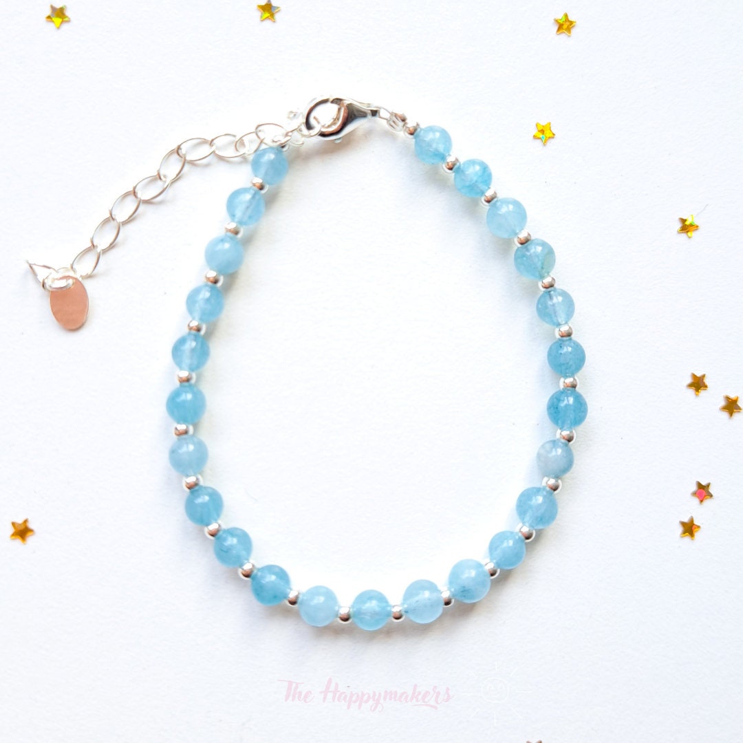 Kralen armband boho 925 sterling zilver, handgemaakt, 100% waterproof, aquamarijn edelsteen, geruststelling