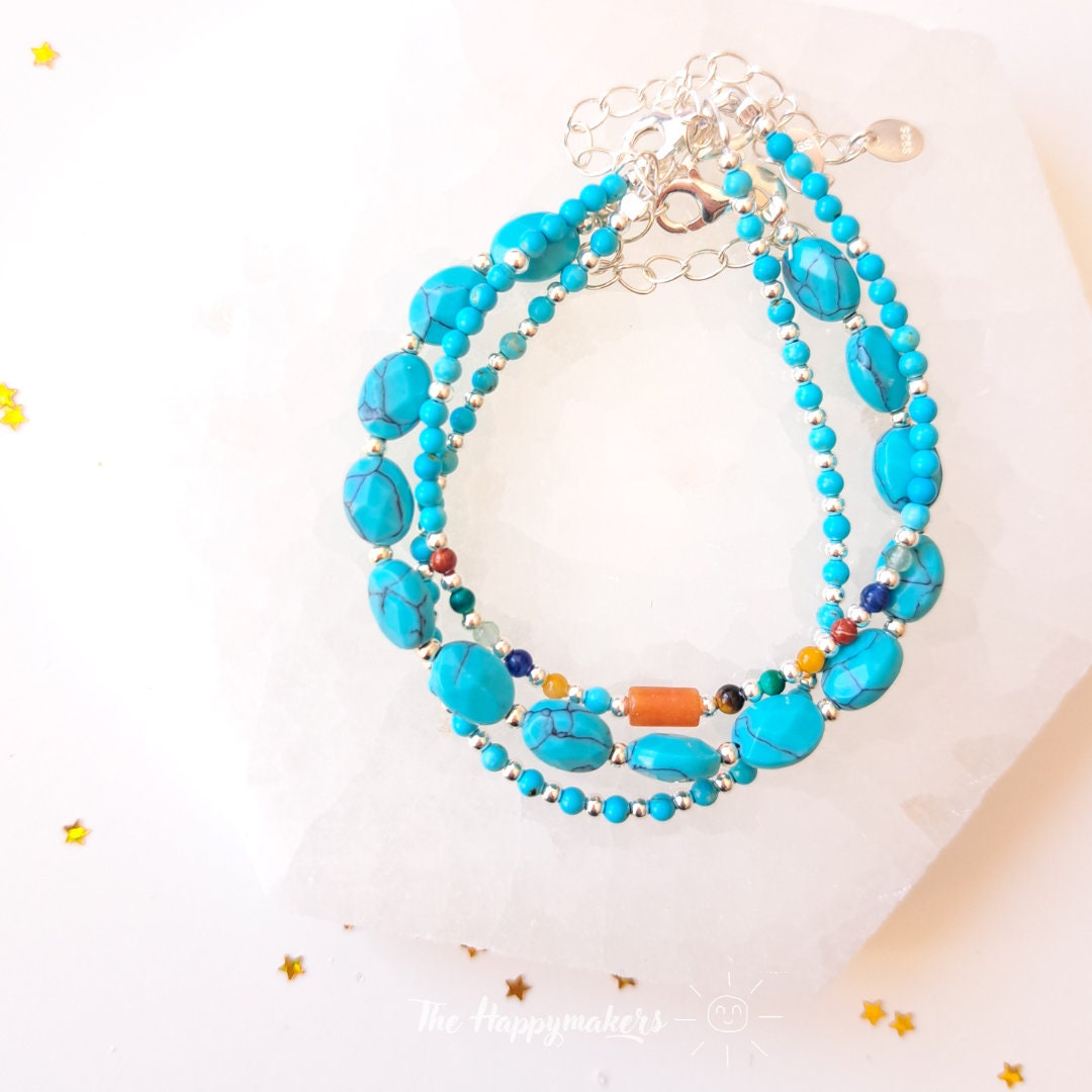 Kralen armband boho 925 sterling zilver, handgemaakt, 100% waterproof, turkoois edelsteen, bescherming