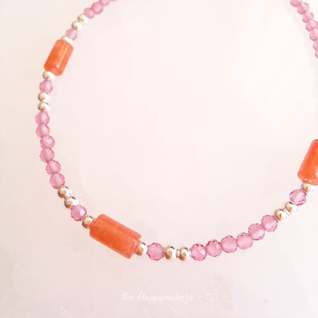 Kralen armband boho 925 sterling zilver, handgemaakt, 100% waterproof ''pink zirkoon''