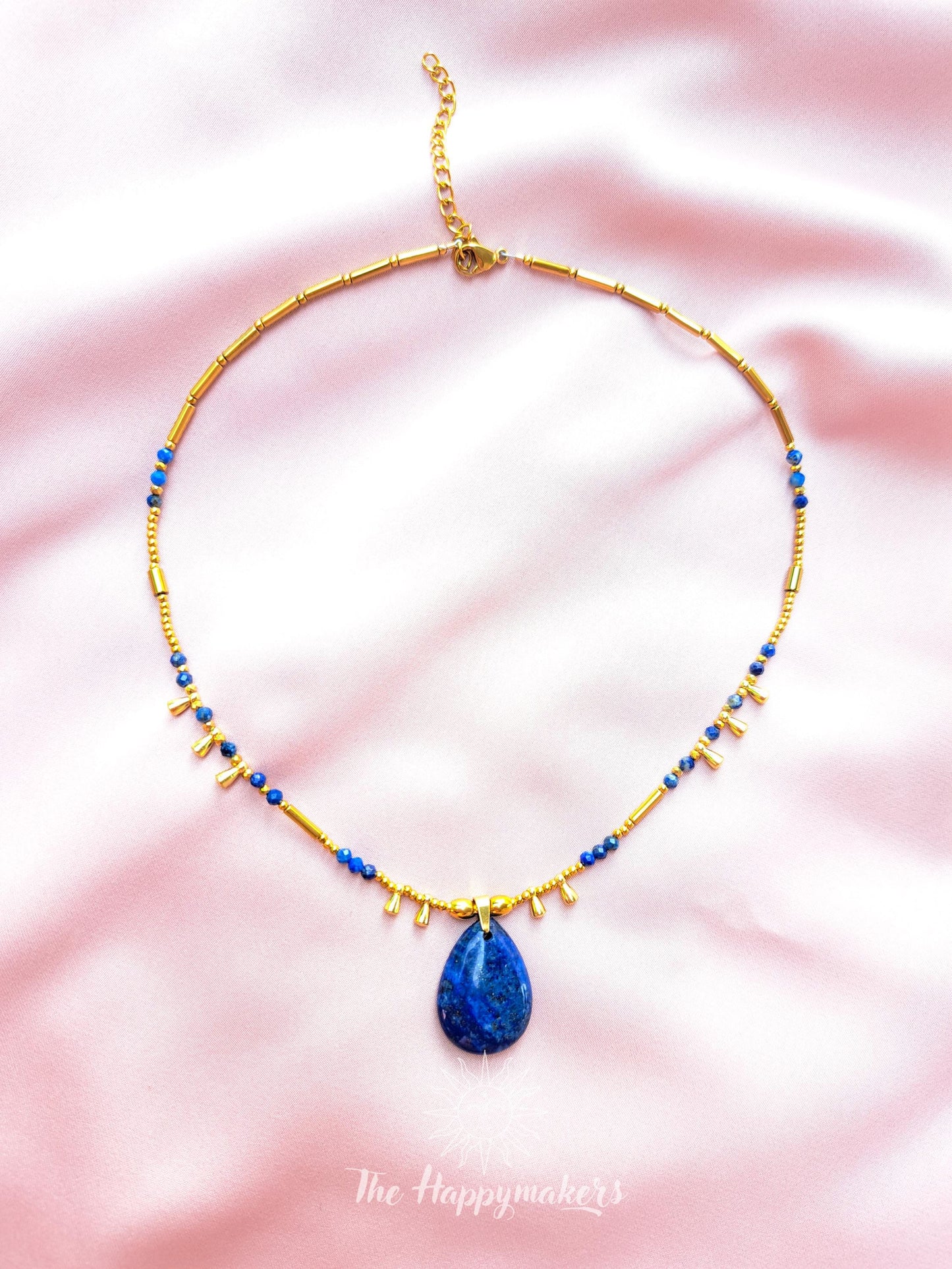 Kralen ketting boho met edelsteen, stainless steel, waterproof, handgemaakt, lapis lazuli