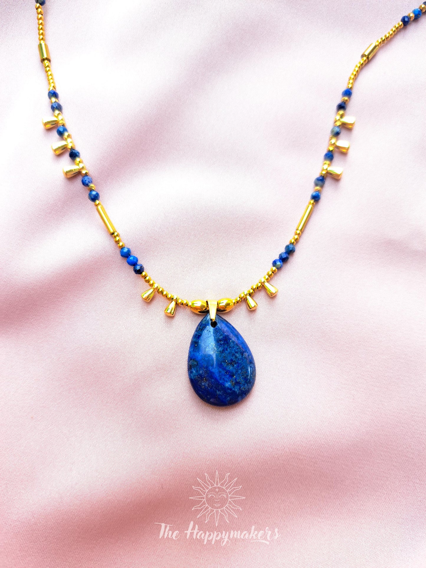 Kralen ketting boho met edelsteen, stainless steel, waterproof, handgemaakt, lapis lazuli