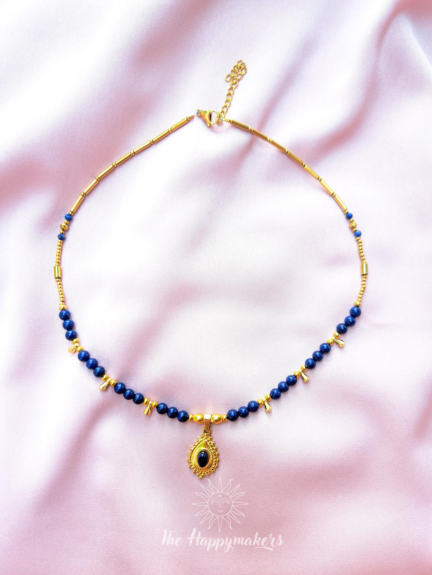 Kralen ketting boho met edelsteen, stainless steel, waterproof, handgemaakt, lapis lazuli, bedel