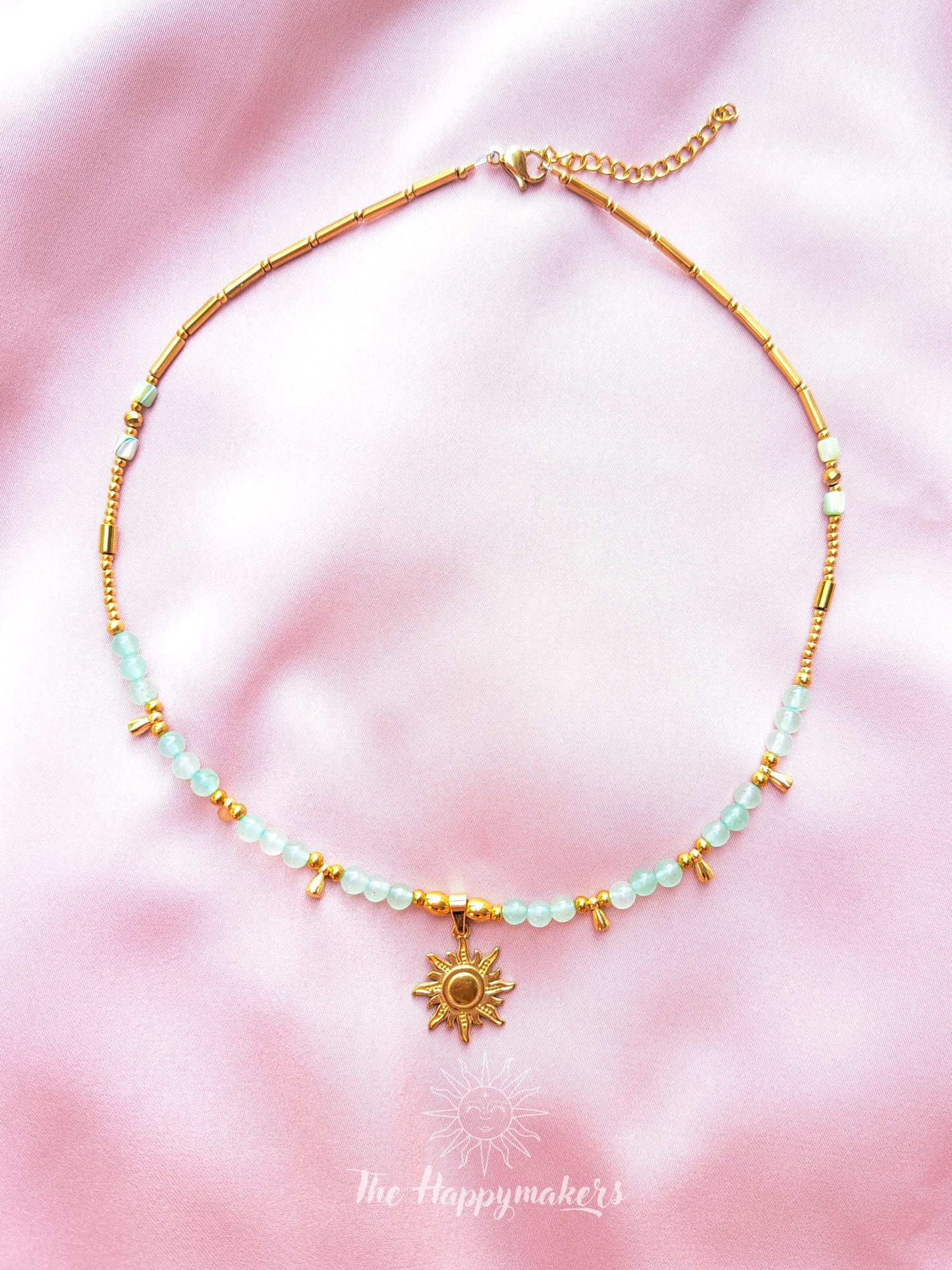 Kralen ketting boho met edelsteen, stainless steel, waterproof, handgemaakt, aventurijn, zon bedel