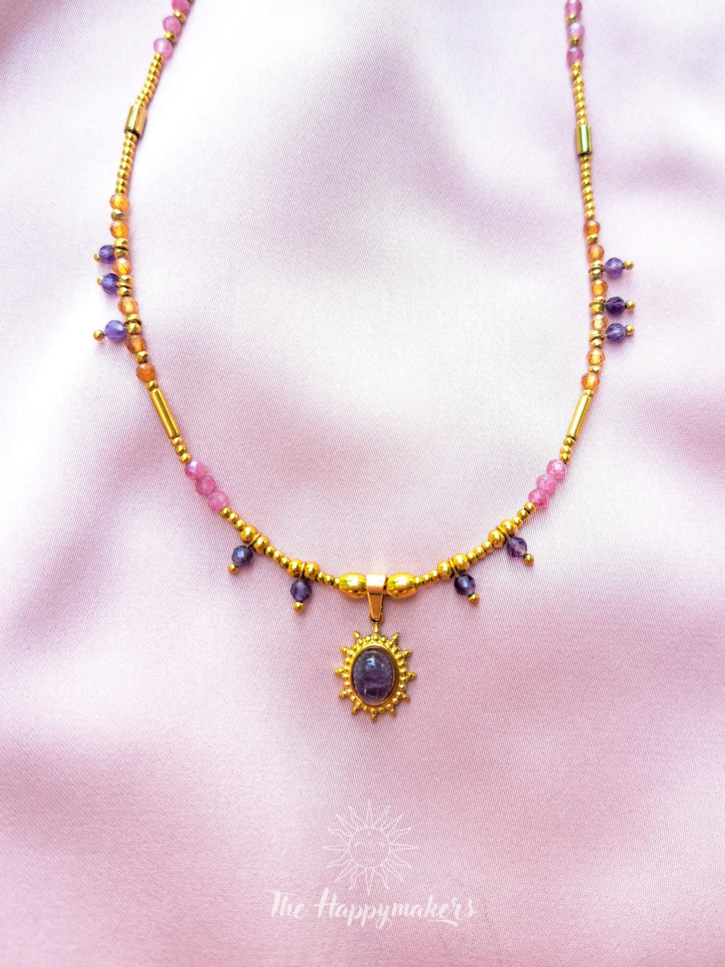 Kralen ketting boho met edelsteen, stainless steel, waterproof, handgemaakt, amethist, bedel