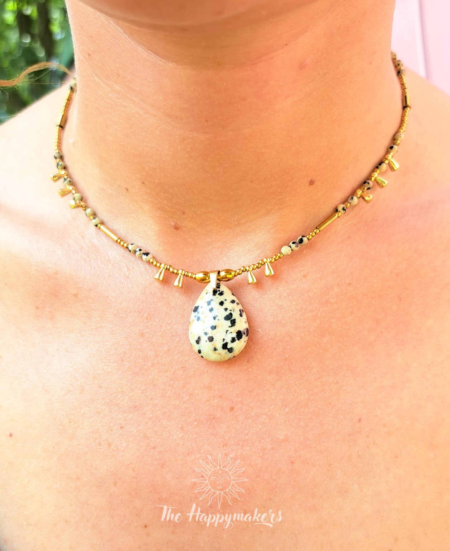 Kralen ketting boho met edelsteen, stainless steel, waterproof, handgemaakt, dalmatiër jaspis