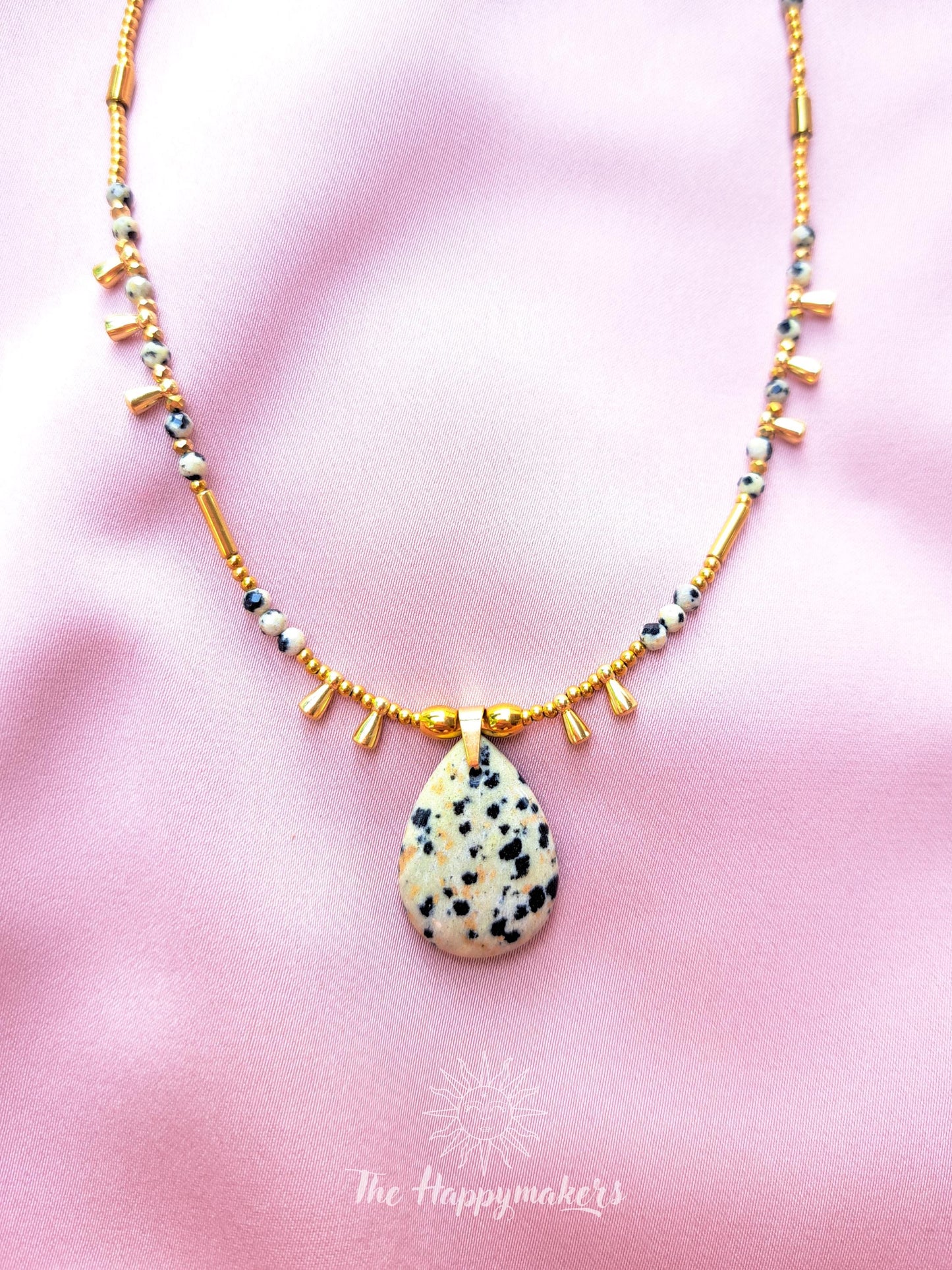 Kralen ketting boho met edelsteen, stainless steel, waterproof, handgemaakt, dalmatiër jaspis