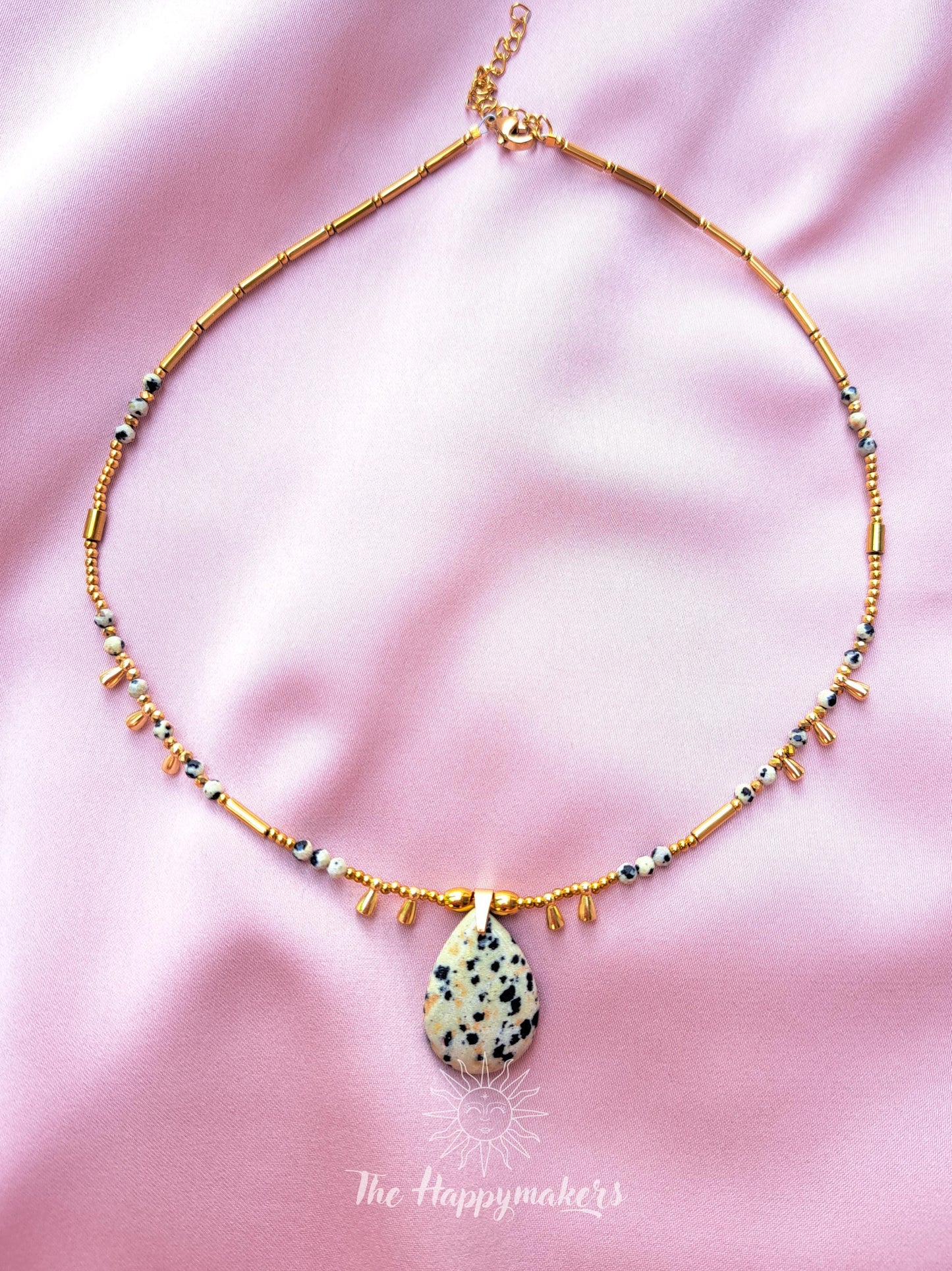 Kralen ketting boho met edelsteen, stainless steel, waterproof, handgemaakt, dalmatiër jaspis