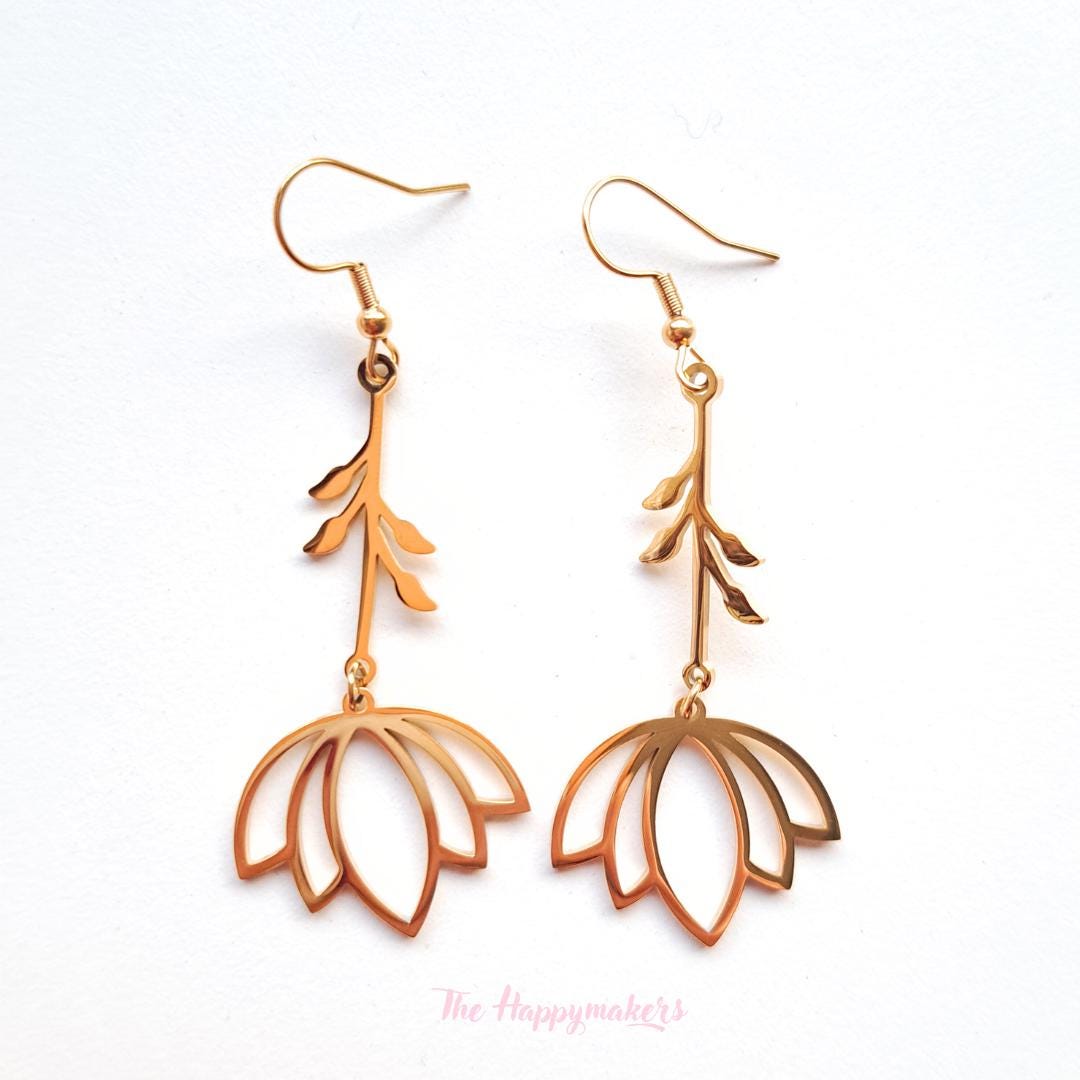 Oorbellen stainless steel, boho, bedeloorbellen, statement oorbellen, lotus flower, goud of zilver