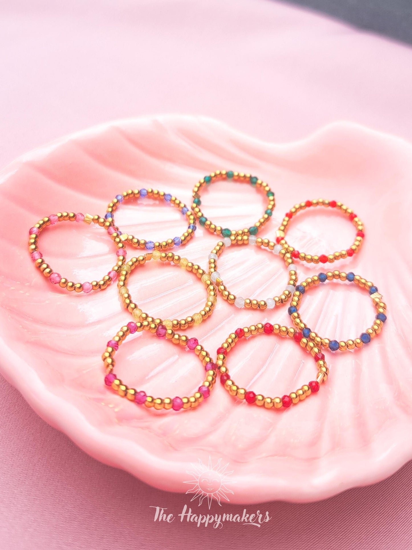 Kralen ring, 2mm stainless steel kralen & zirkoon gekleurde steentjes, elastische ring, 100% waterproof, stapelbare ringen,boho, goud
