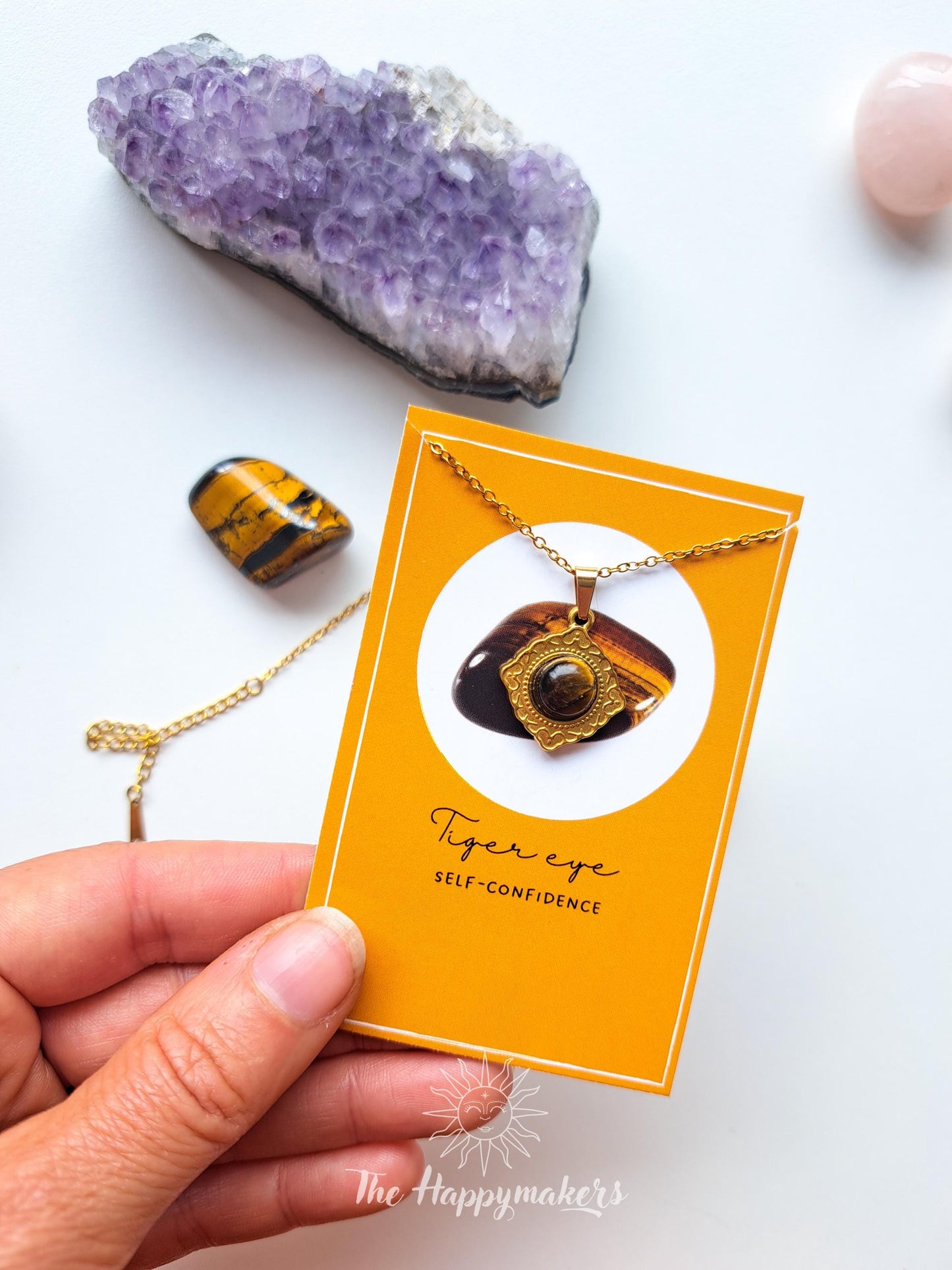 Edelsteen ketting bedel, waterproof, boho, stainless steel, handgemaakt, cadeau met betekenis, tijgeroog, zelfvertrouwen