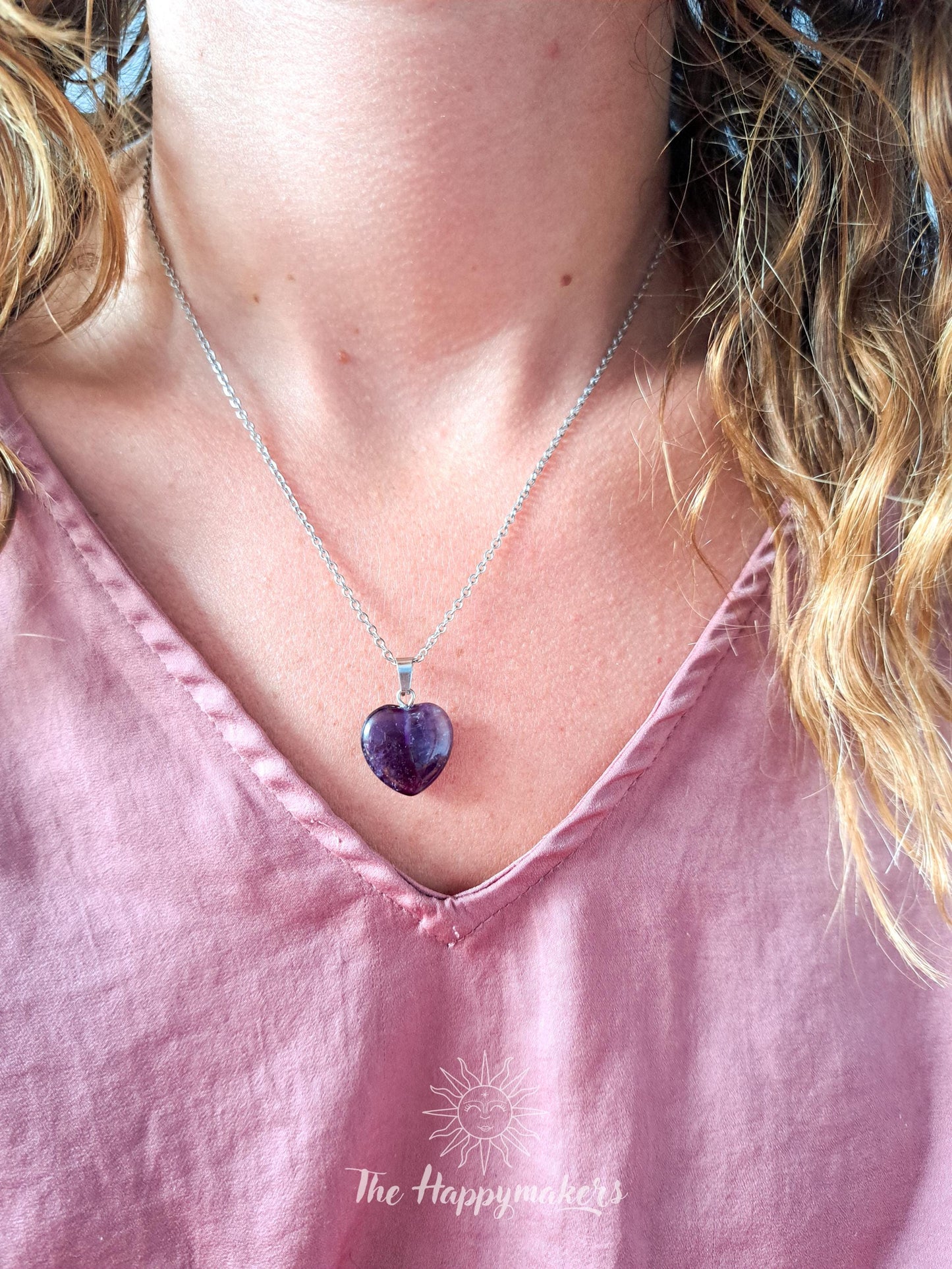 Edelsteen ketting met amethist hartje, waterproof, boho, stainless steel, handgemaakt, cadeau met betekenis, rust in je hoofd