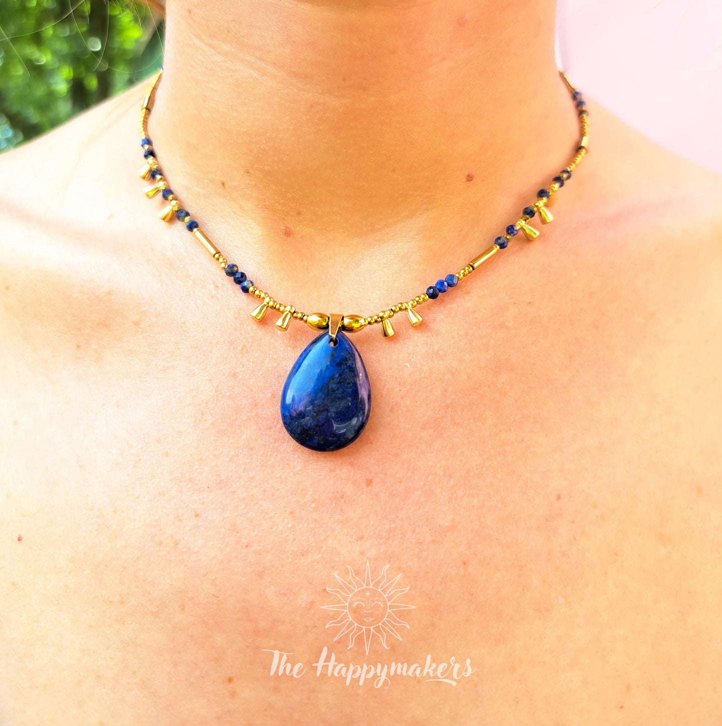Kralen ketting boho met edelsteen, stainless steel, waterproof, handgemaakt, lapis lazuli