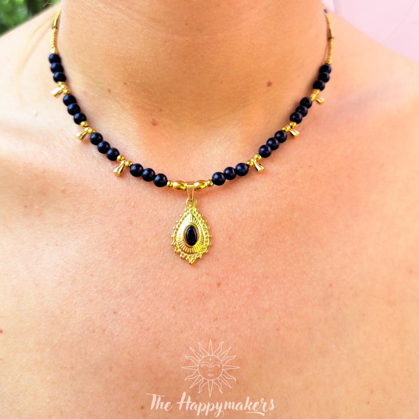 Kralen ketting boho met edelsteen, stainless steel, waterproof, handgemaakt, lapis lazuli, bedel