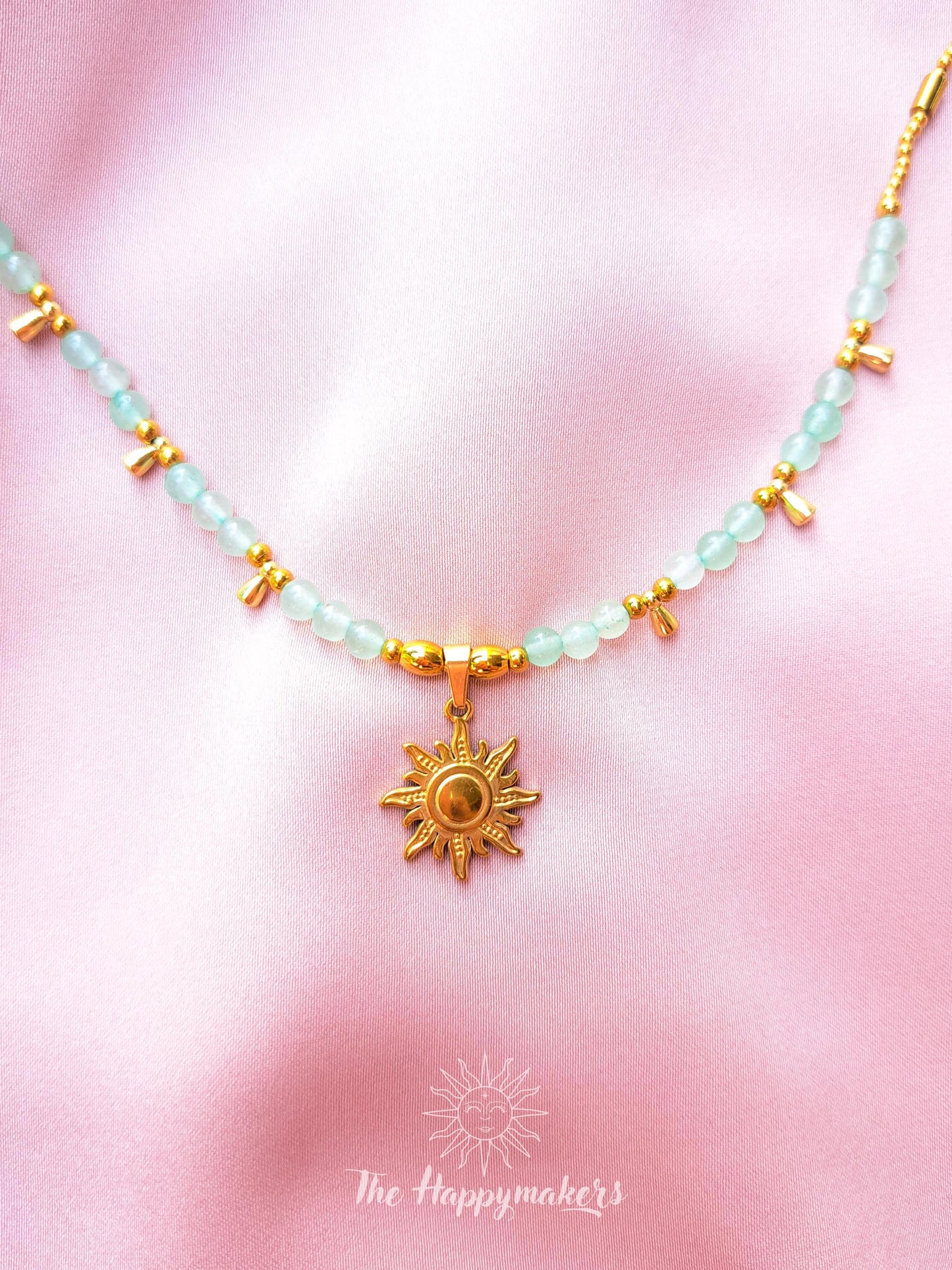 Kralen ketting boho met edelsteen, stainless steel, waterproof, handgemaakt, aventurijn, zon bedel