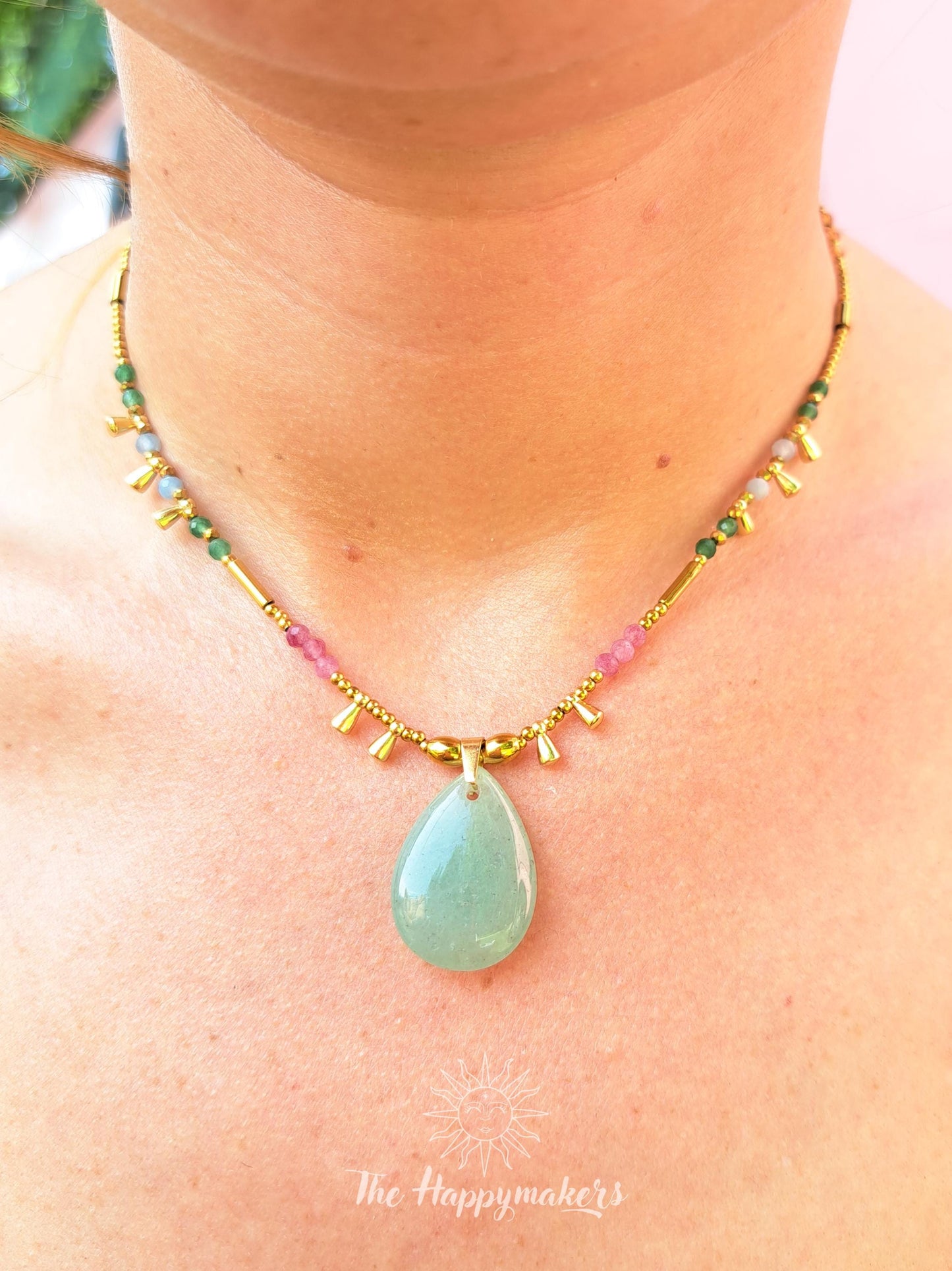 Kralen ketting boho met edelsteen, stainless steel, waterproof, handgemaakt, aventurijn