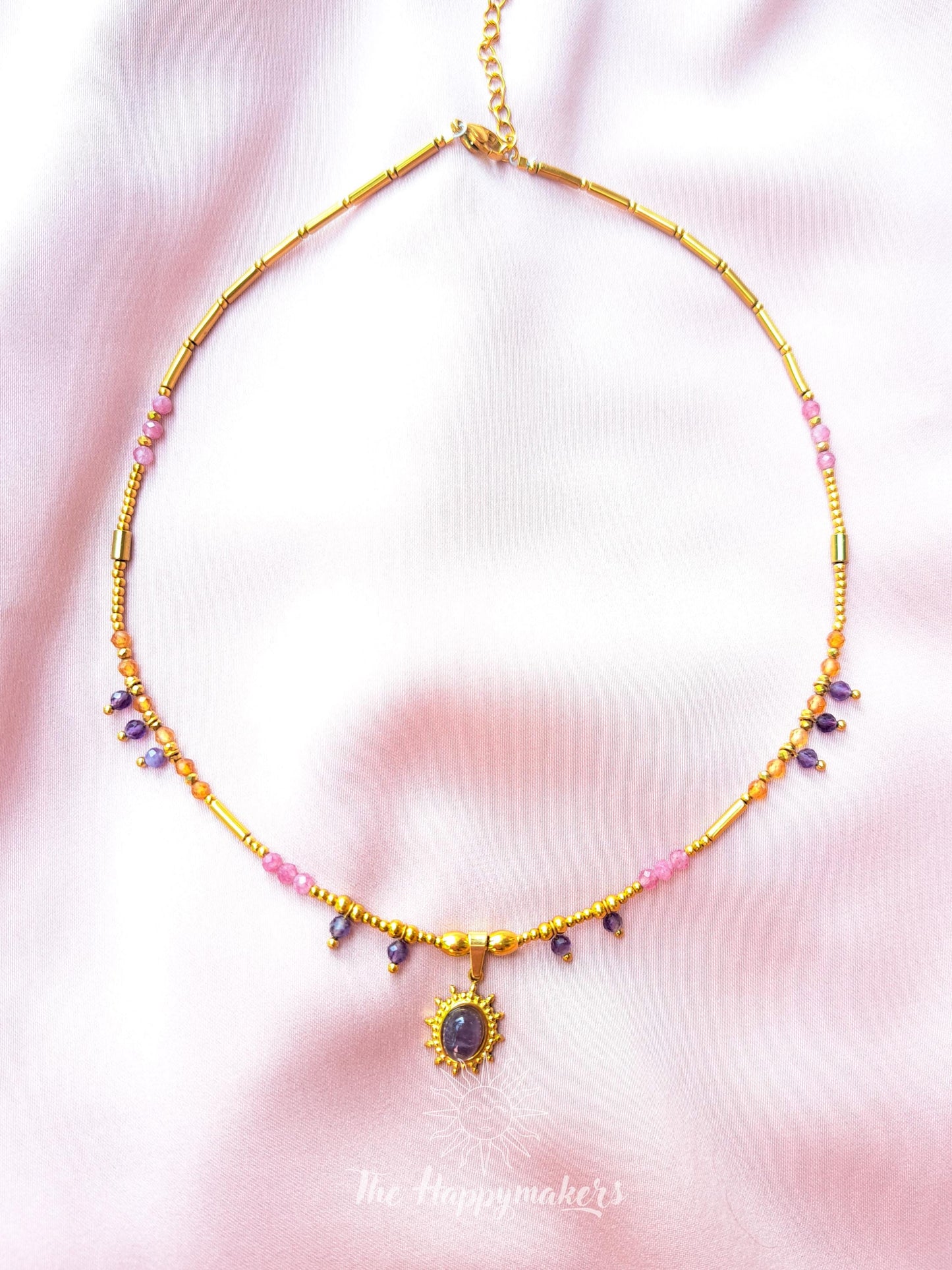 Kralen ketting boho met edelsteen, stainless steel, waterproof, handgemaakt, amethist, bedel