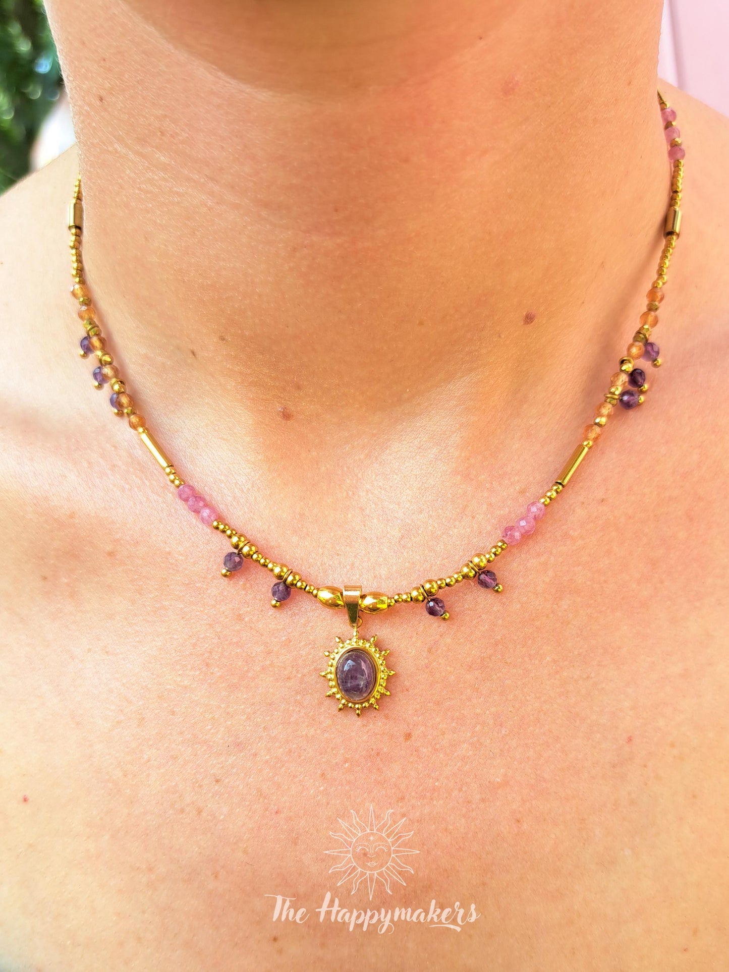 Kralen ketting boho met edelsteen, stainless steel, waterproof, handgemaakt, amethist, bedel