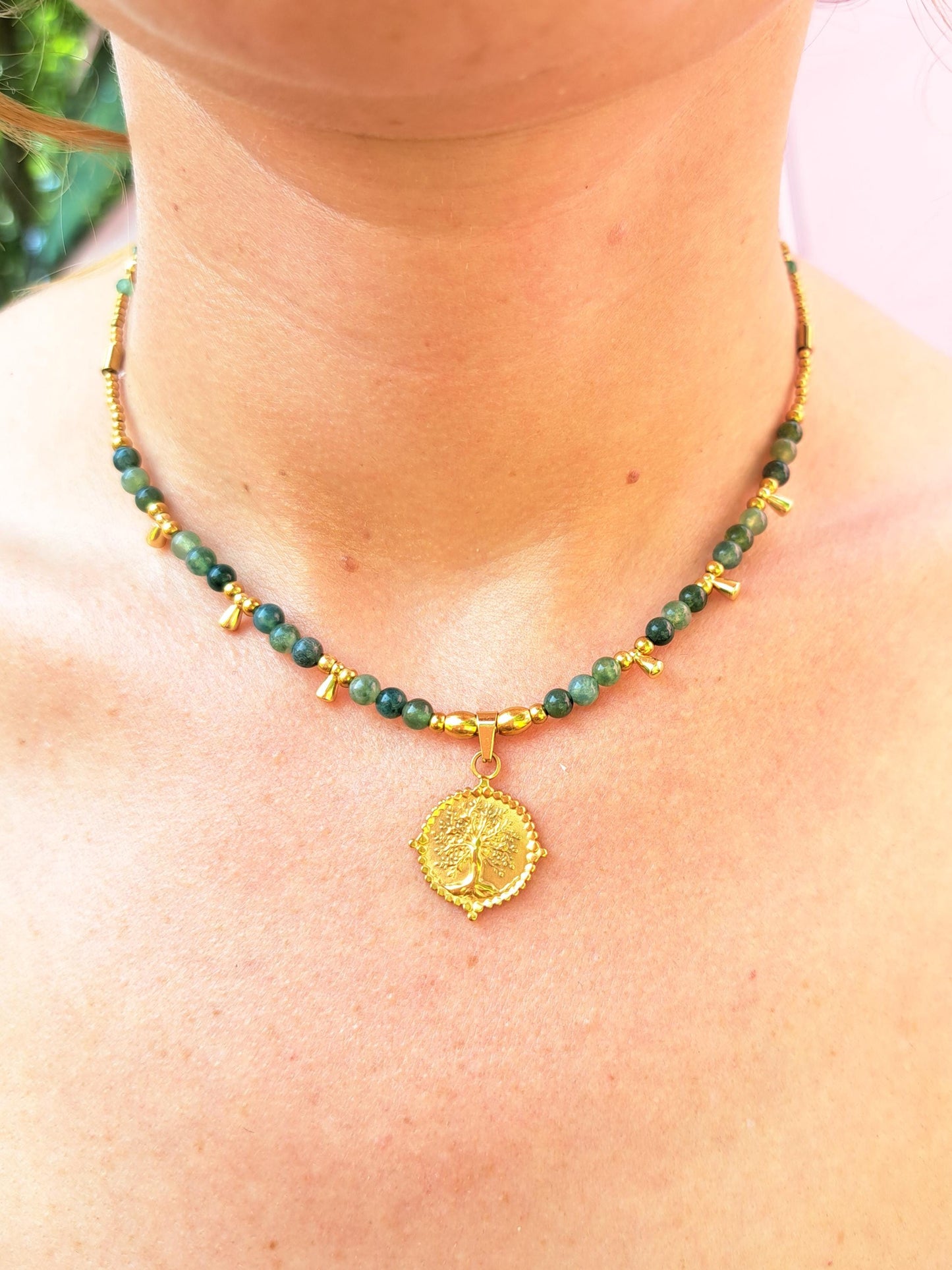 Kralen ketting boho met edelsteen, stainless steel, waterproof, handgemaakt, mosagaat, bedel, tree of life