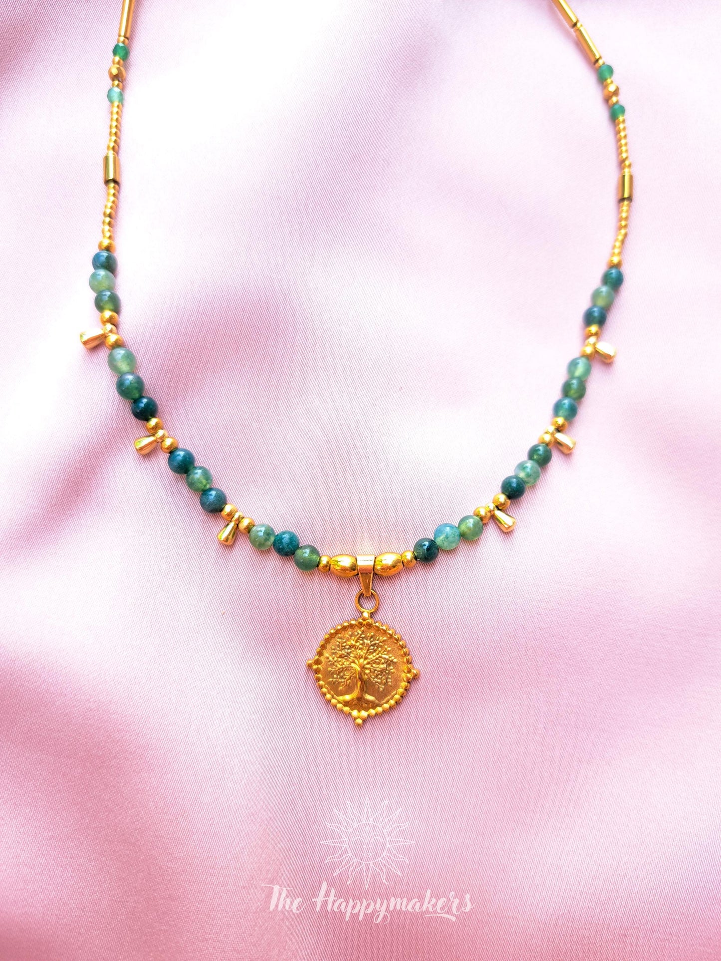 Kralen ketting boho met edelsteen, stainless steel, waterproof, handgemaakt, mosagaat, bedel, tree of life