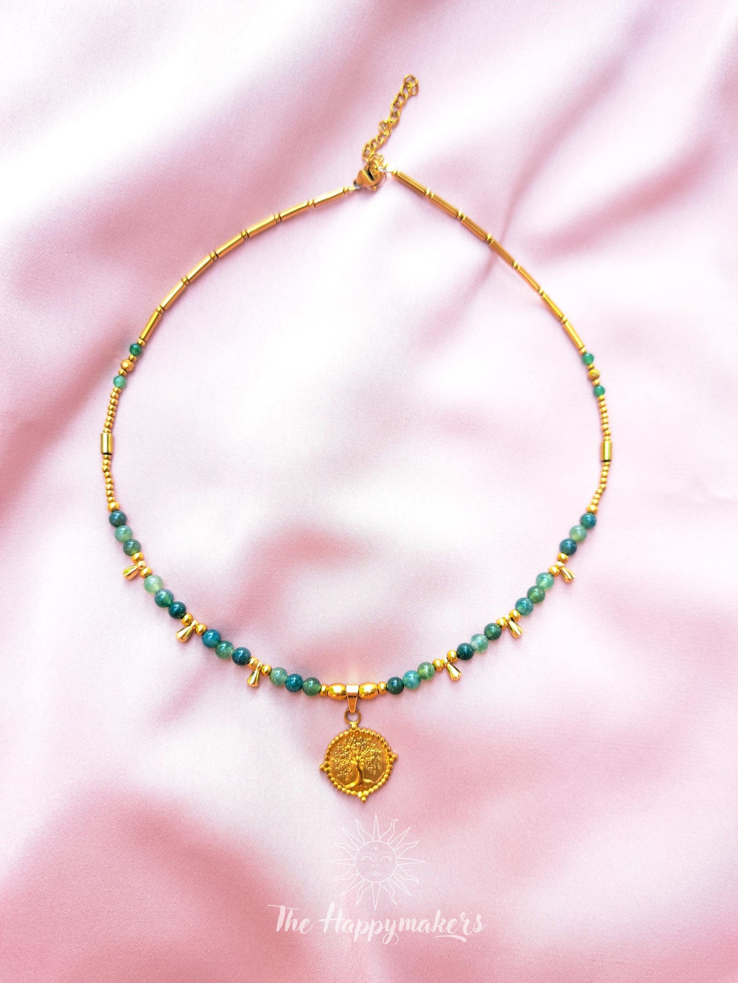 Kralen ketting boho met edelsteen, stainless steel, waterproof, handgemaakt, mosagaat, bedel, tree of life