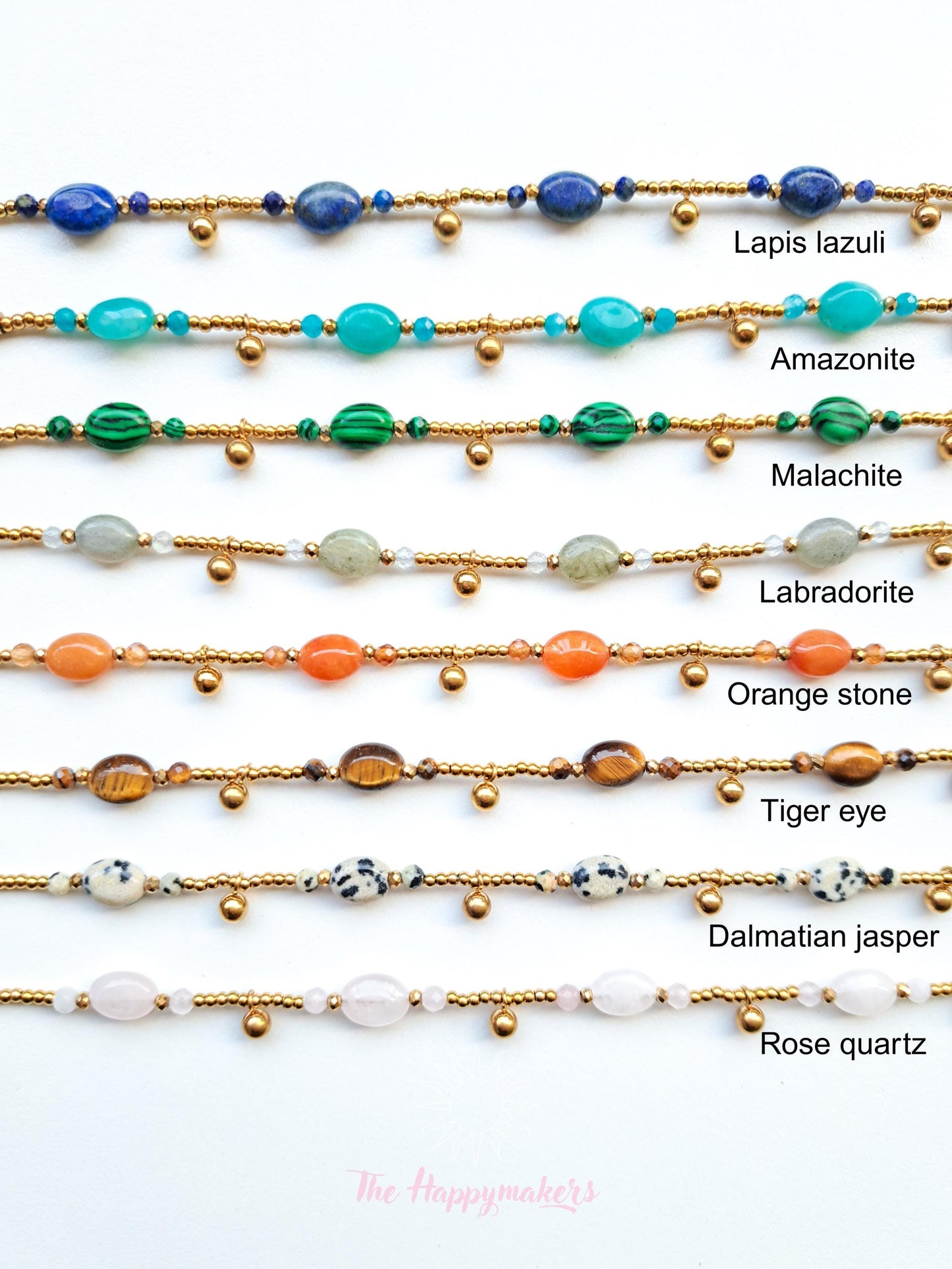 Armband edelsteen, verschillende soorten edelsteen, handgemaakt, boho, stainless steel, 100% waterproof, goudkleurig