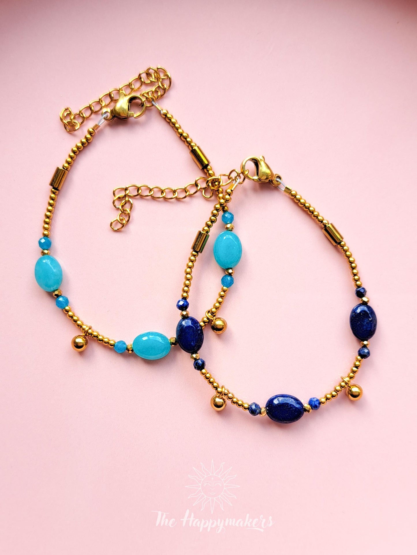 Armband edelsteen, verschillende soorten edelsteen, handgemaakt, boho, stainless steel, 100% waterproof, goudkleurig