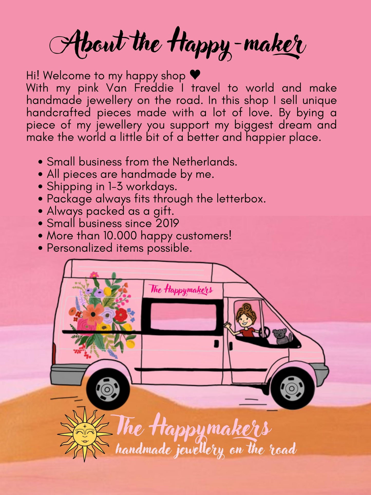the happymakers, handgemaakte sieraden, webshop, fairtrade, eerlijk gemaakt, geen kinderuitbuiting, duurzaam, duurzame materialen, verantwoord, in nederland geproduceerd, waterproef, allergievrij, waterproof, fairmade, bewust bedrijf, bewust ondernemen, groen fairtrade sieradenmerk, duurzaam sieradenmerk, handgemaakt sieradenmerk, edelsteen sieraden, stainless steel sieraden, markten en festivals, reizen met busje, kleine onderneming uit Nederland.