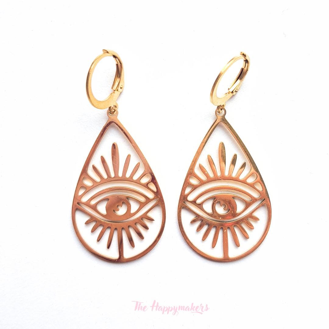 Oorbellen stainless steel, boho, bedeloorbellen, statement oorbellen, evil eye, goud of zilver