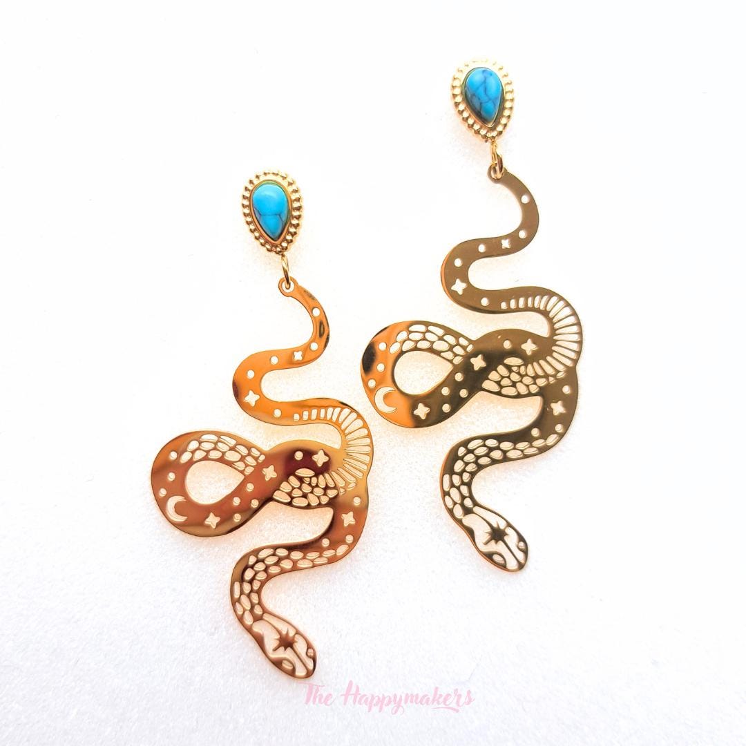 Oorbellen stainless steel, boho, bedeloorbellen, statement oorbellen, slang, studs, goud