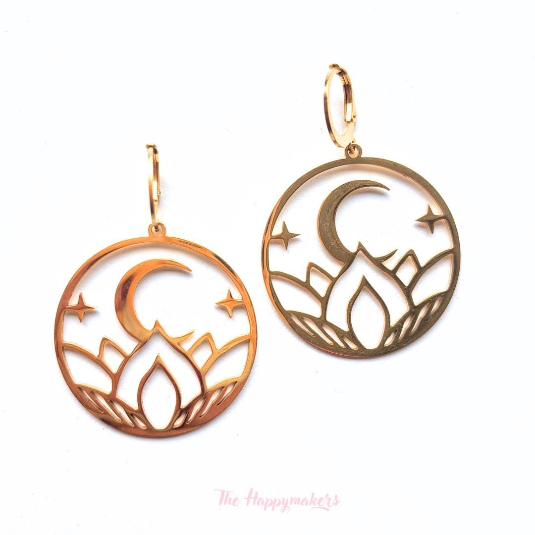 Oorbellen stainless steel, boho, bedeloorbellen, statement oorbellen, lotus flower, moon, goud of zilver