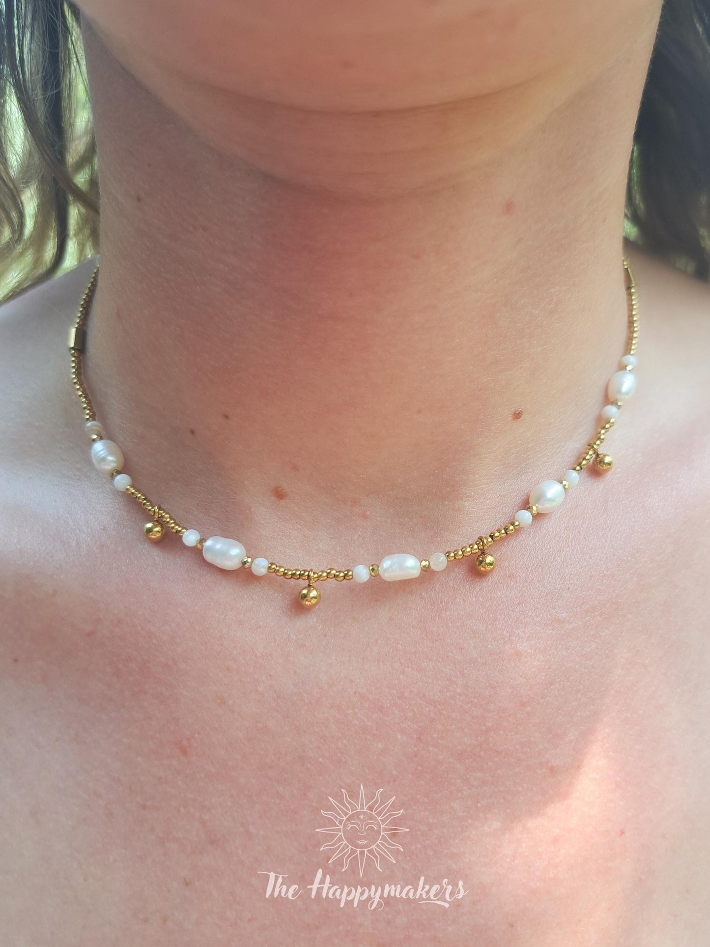 Kralen ketting beach, waterproof, boho, stainless steel, handgemaakt, schelpkralen, parels