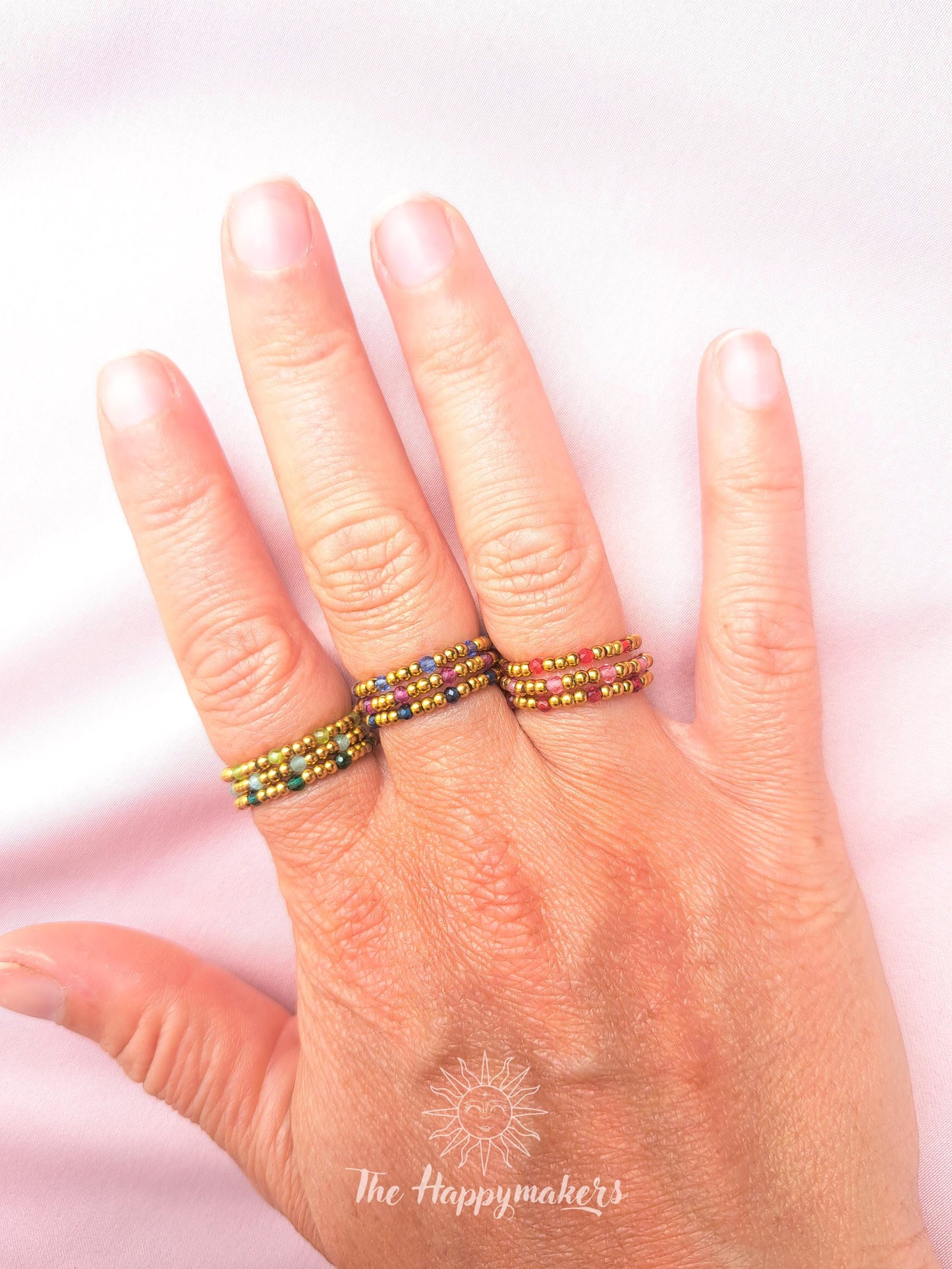 Kralen ring, 2mm stainless steel kralen & zirkoon gekleurde steentjes, elastische ring, 100% waterproof, stapelbare ringen,boho, goud