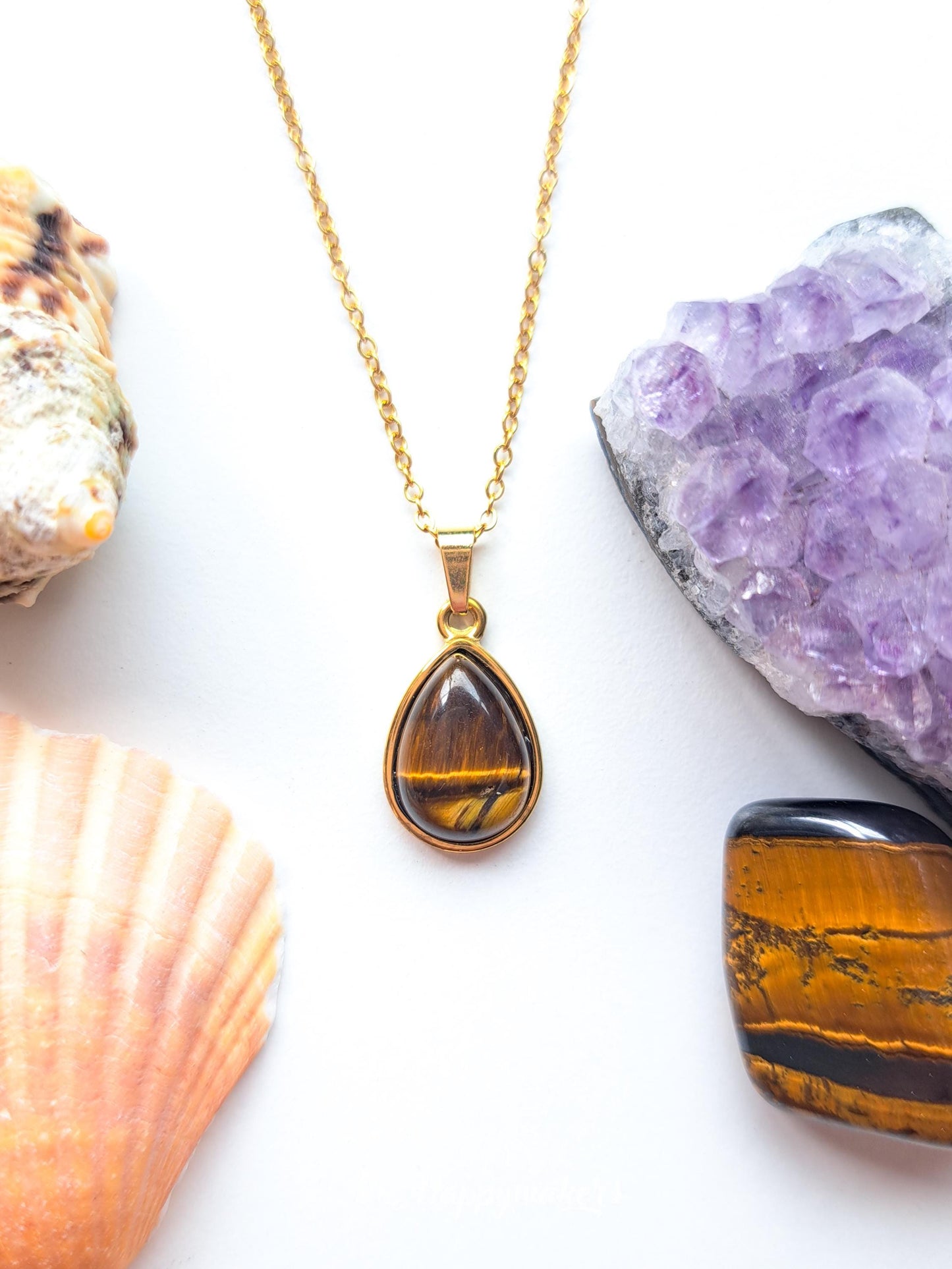 Edelsteen ketting bedel, waterproof, boho, stainless steel, handgemaakt, cadeau met betekenis, tijgeroog, zelfvertrouwen