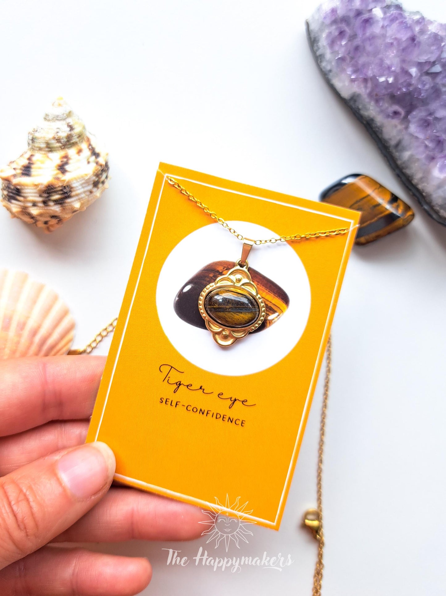 Edelsteen ketting bedel, waterproof, boho, stainless steel, handgemaakt, cadeau met betekenis, tijgeroog, zelfvertrouwen
