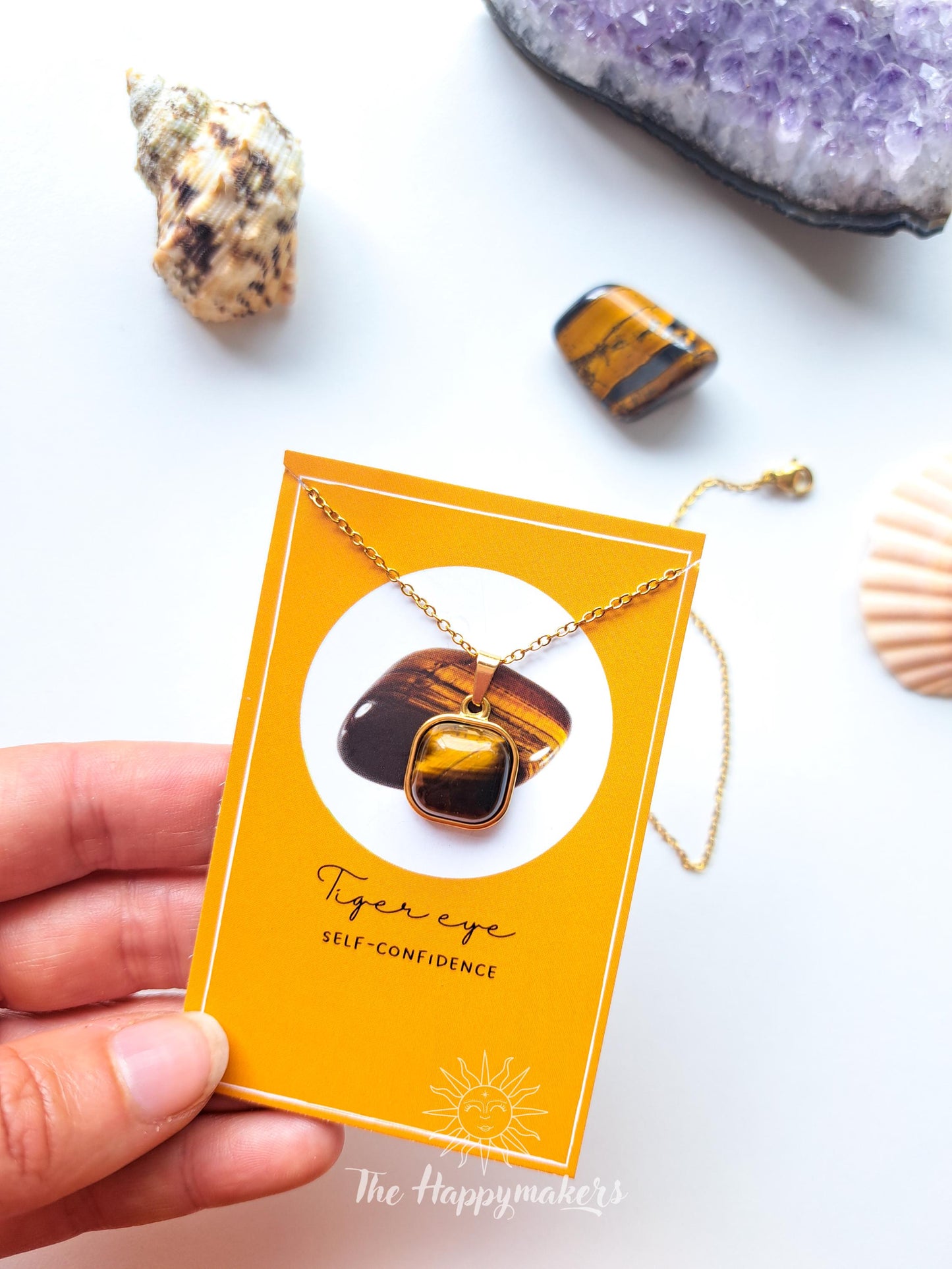 Edelsteen ketting bedel, waterproof, boho, stainless steel, handgemaakt, cadeau met betekenis, tijgeroog, zelfvertrouwen