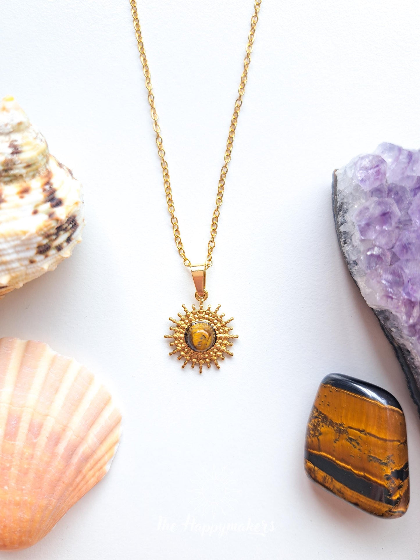 Edelsteen ketting bedel, waterproof, boho, stainless steel, handgemaakt, cadeau met betekenis, tijgeroog, zelfvertrouwen