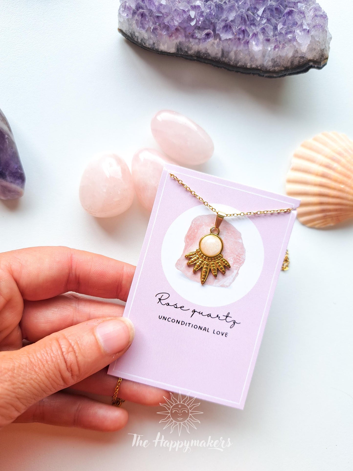 Edelsteen ketting met rozenkwarts hartje, waterproof, boho, stainless steel, handgemaakt, cadeau met betekenis, steen van de liefde