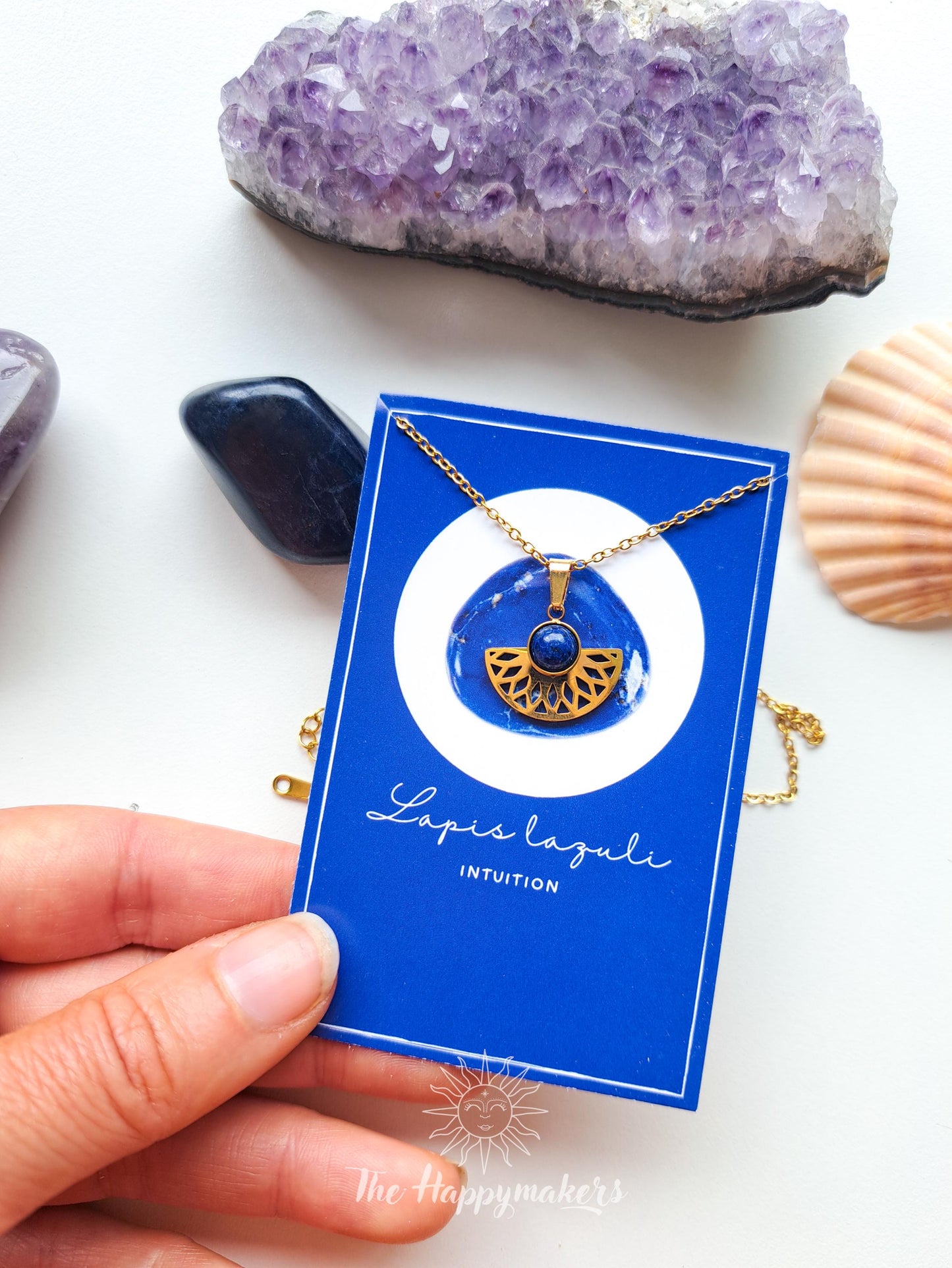 Edelsteen ketting met bedel, waterproof, boho, stainless steel, handgemaakt, cadeau met betekenis, lapis lazuli, wijsheid