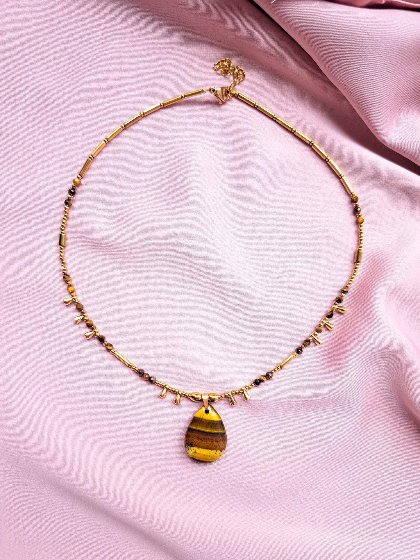 Kralen ketting boho met edelsteen, stainless steel, waterproof, handgemaakt, tijgeroog, zelfvertrouwen