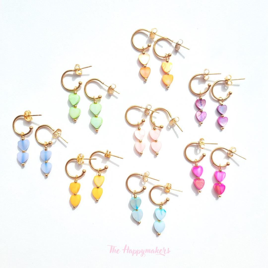 Oorbellen stainless steel, hartjes, 100% waterproof, schelpkralen, little hoops, bedeloorbellen, handgemaakt