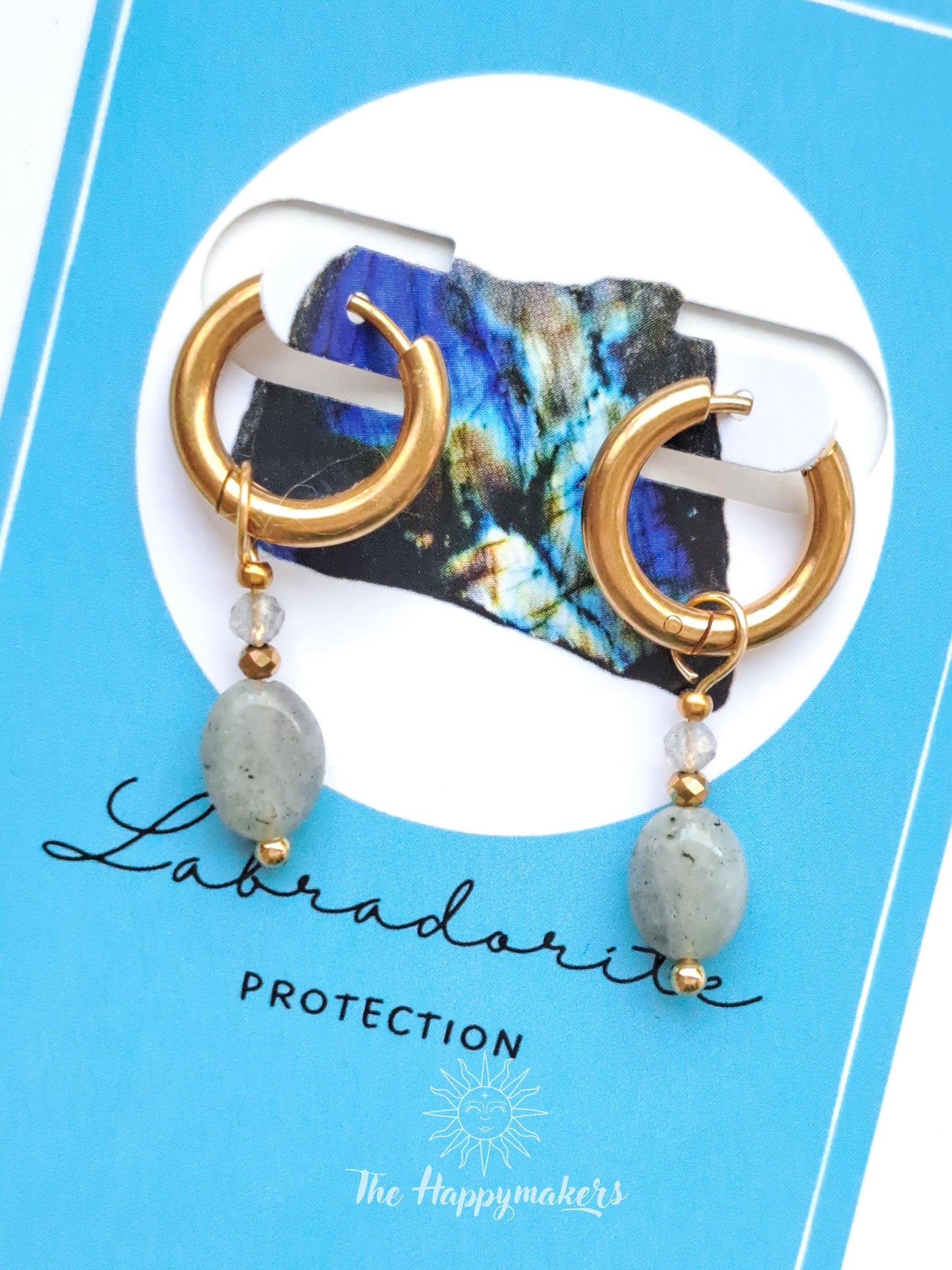 Edelsteen oorbellen, stainless steel, labradoriet, 100% waterproof, little hoops, bedeloorbellen, handgemaakt, bescherming