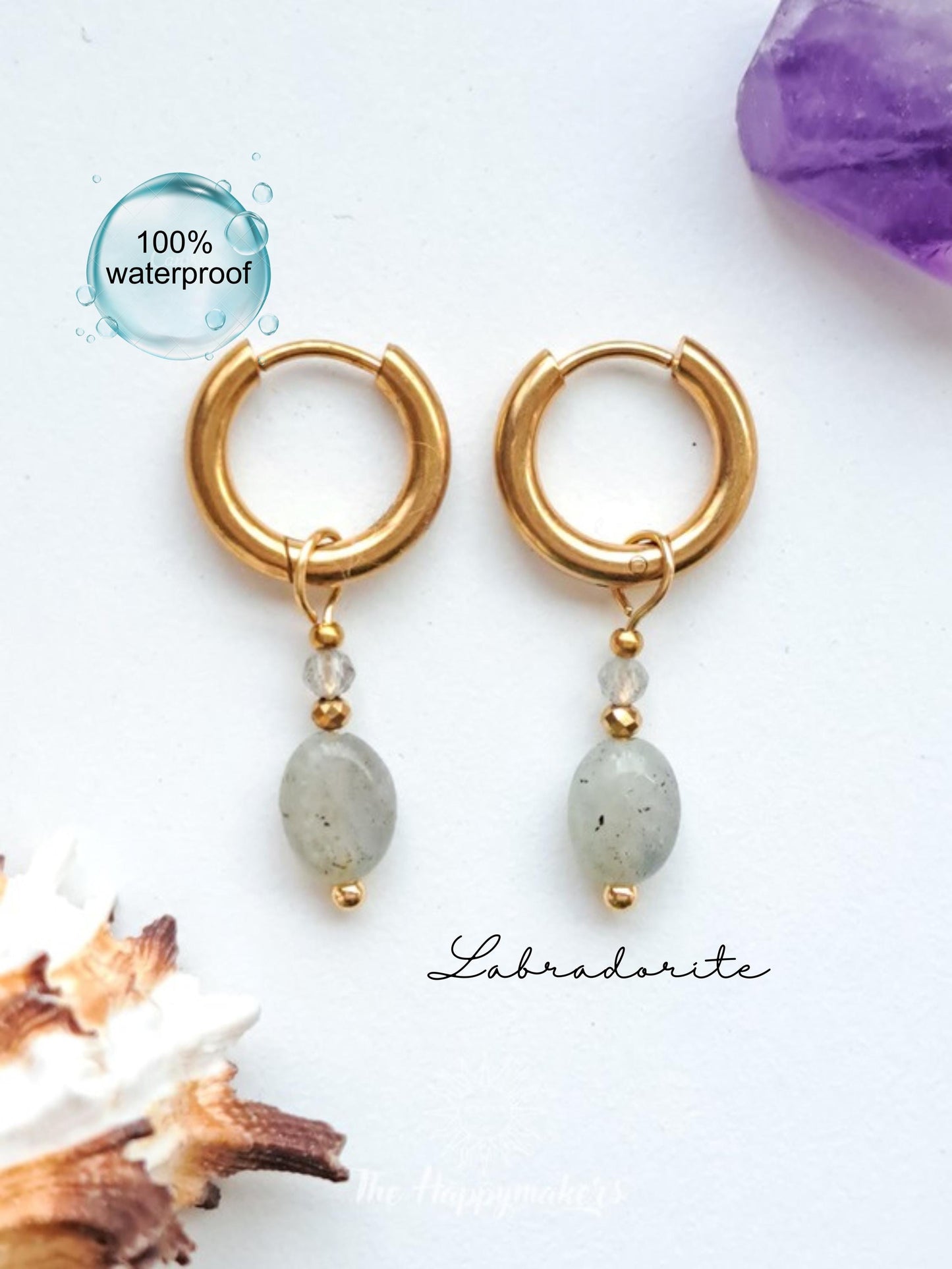 Edelsteen oorbellen, stainless steel, labradoriet, 100% waterproof, little hoops, bedeloorbellen, handgemaakt, bescherming